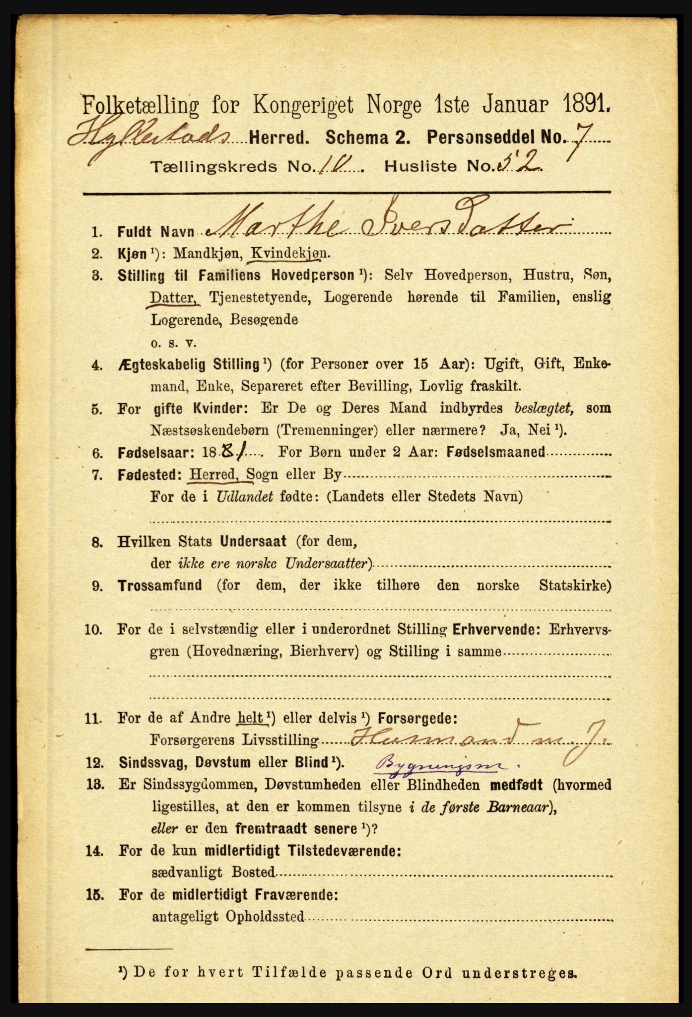 RA, 1891 census for 1413 Hyllestad, 1891, p. 1991