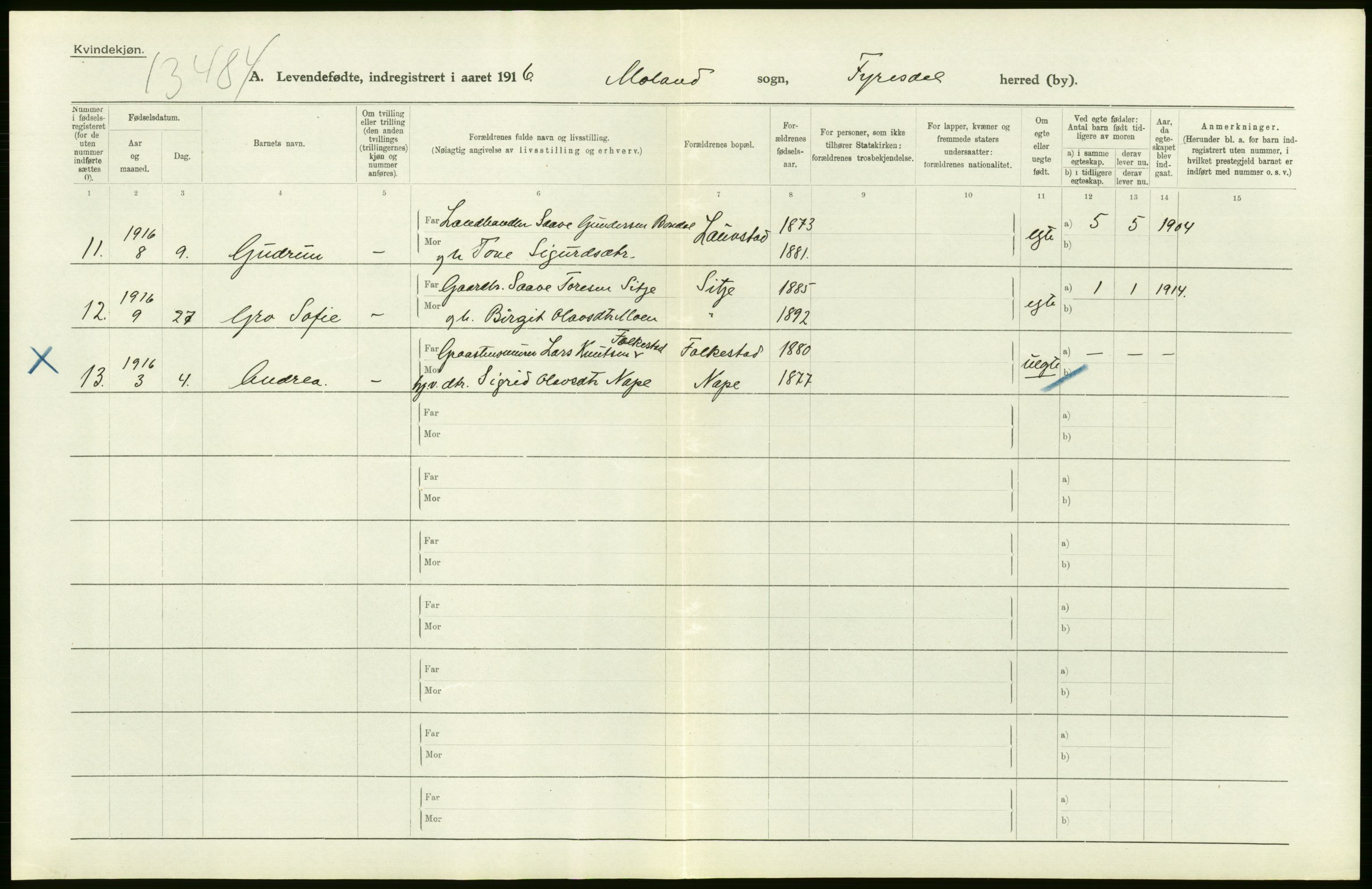 Statistisk sentralbyrå, Sosiodemografiske emner, Befolkning, AV/RA-S-2228/D/Df/Dfb/Dfbf/L0022: Bratsberg amt: Levendefødte menn og kvinner. Bygder., 1916, p. 46