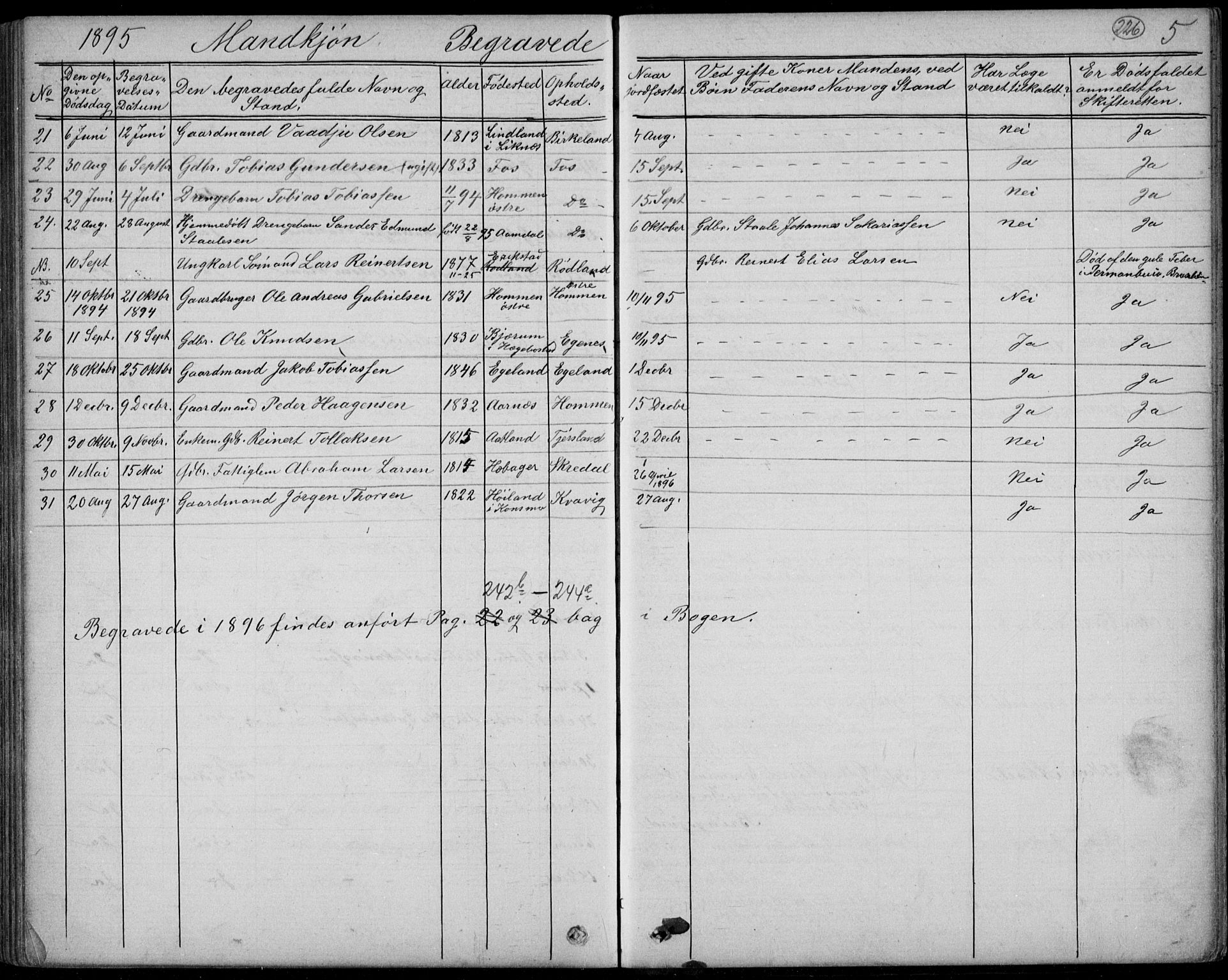 Lyngdal sokneprestkontor, SAK/1111-0029/F/Fb/Fbc/L0004: Parish register (copy) no. B 4, 1878-1896, p. 226