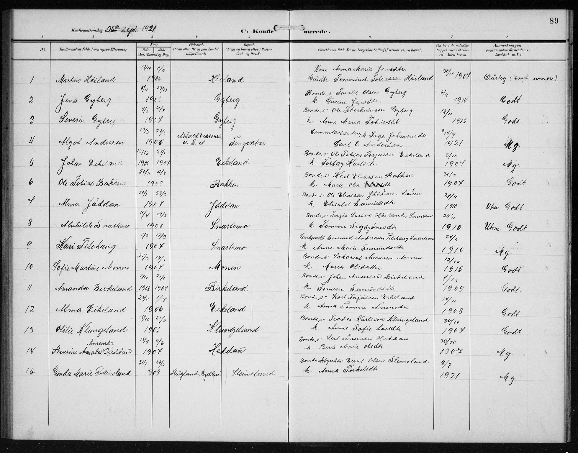 Hægebostad sokneprestkontor, AV/SAK-1111-0024/F/Fb/Fba/L0005: Parish register (copy) no. B 5, 1907-1931, p. 89