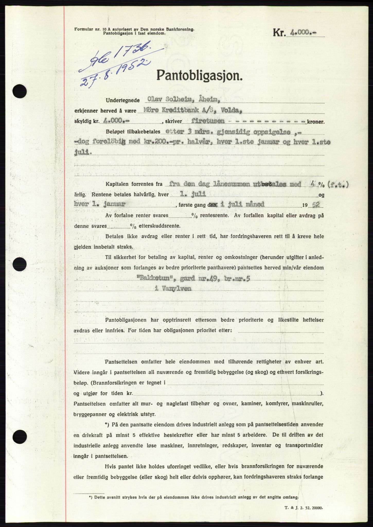 Søre Sunnmøre sorenskriveri, AV/SAT-A-4122/1/2/2C/L0122: Mortgage book no. 10B, 1952-1953, Diary no: : 1736/1952