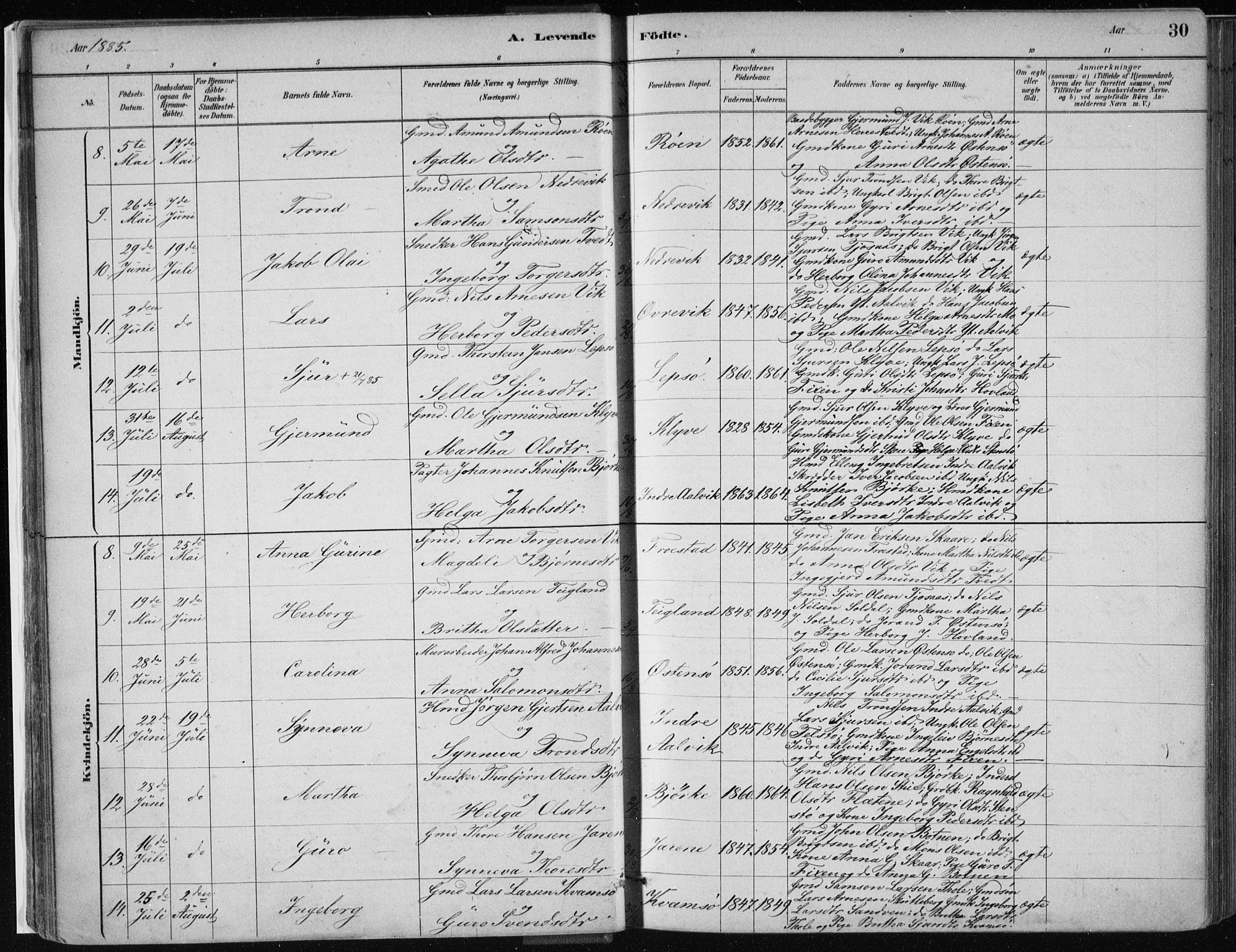 Kvam sokneprestembete, SAB/A-76201/H/Haa: Parish register (official) no. C  1, 1880-1906, p. 30