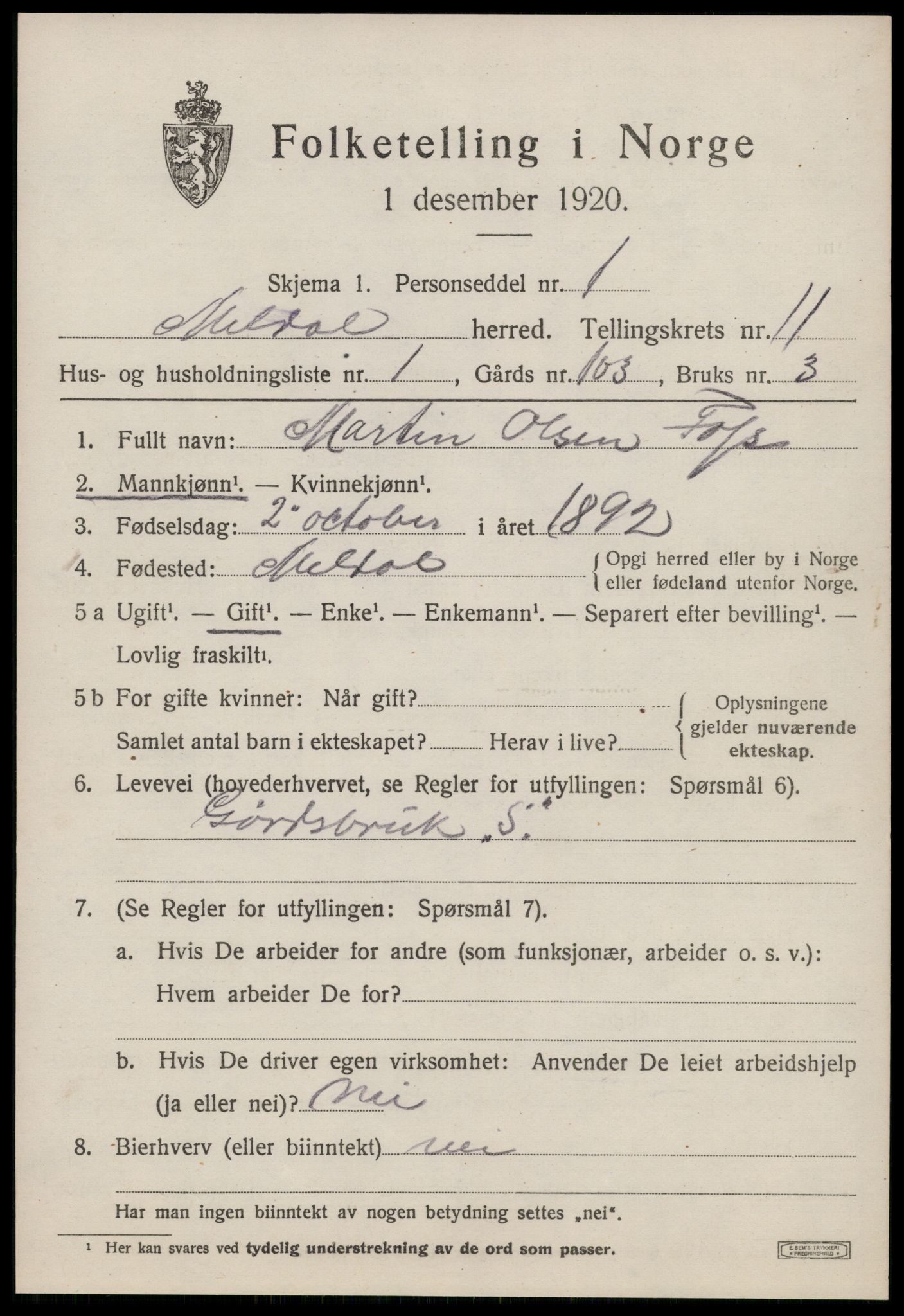 SAT, 1920 census for Meldal, 1920, p. 8499