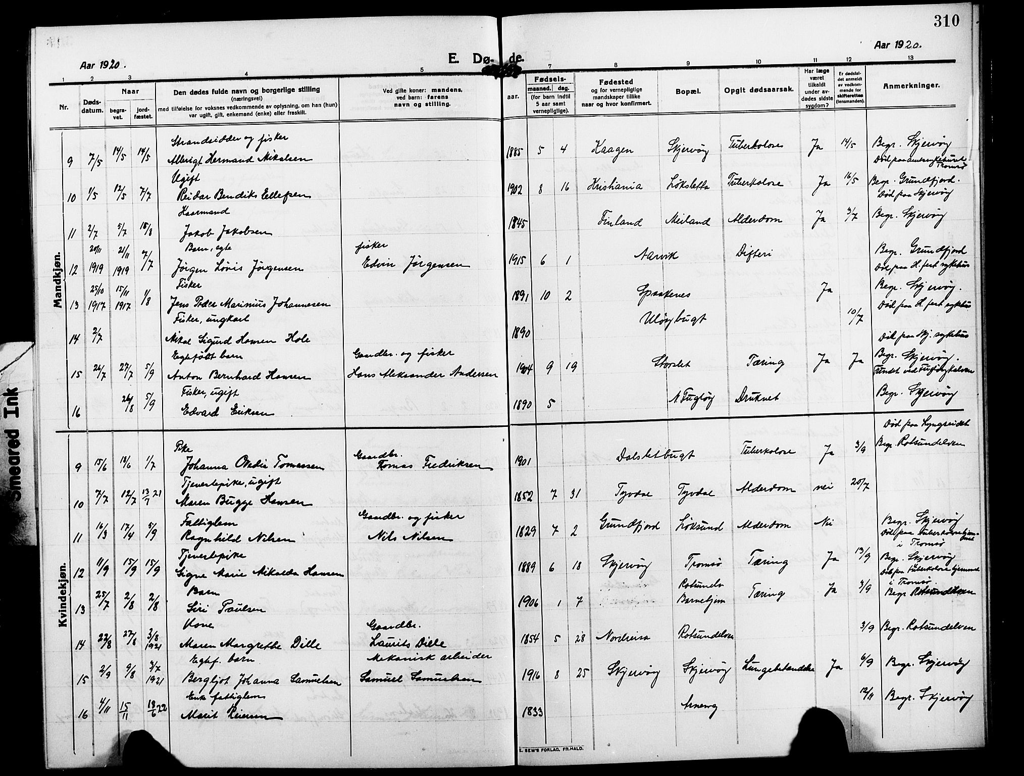 Skjervøy sokneprestkontor, AV/SATØ-S-1300/H/Ha/Hab/L0009klokker: Parish register (copy) no. 9, 1911-1926, p. 310