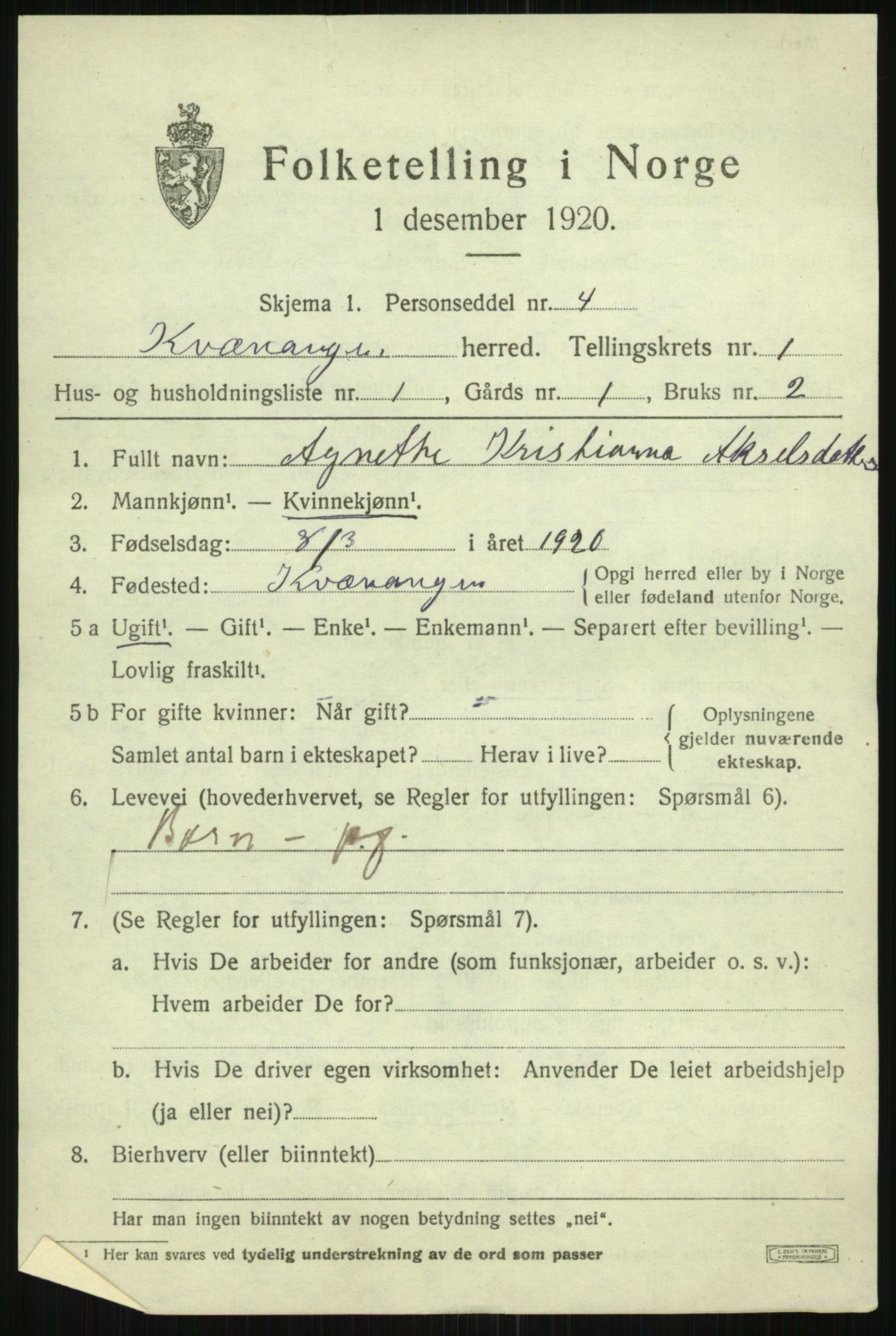 SATØ, 1920 census for Kvænangen, 1920, p. 606