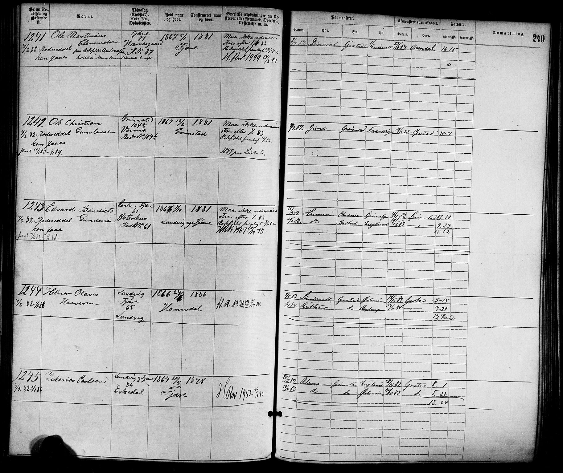 Grimstad mønstringskrets, SAK/2031-0013/F/Fa/L0001: Annotasjonsrulle nr 1-1920 med register, F-1, 1870-1892, p. 279