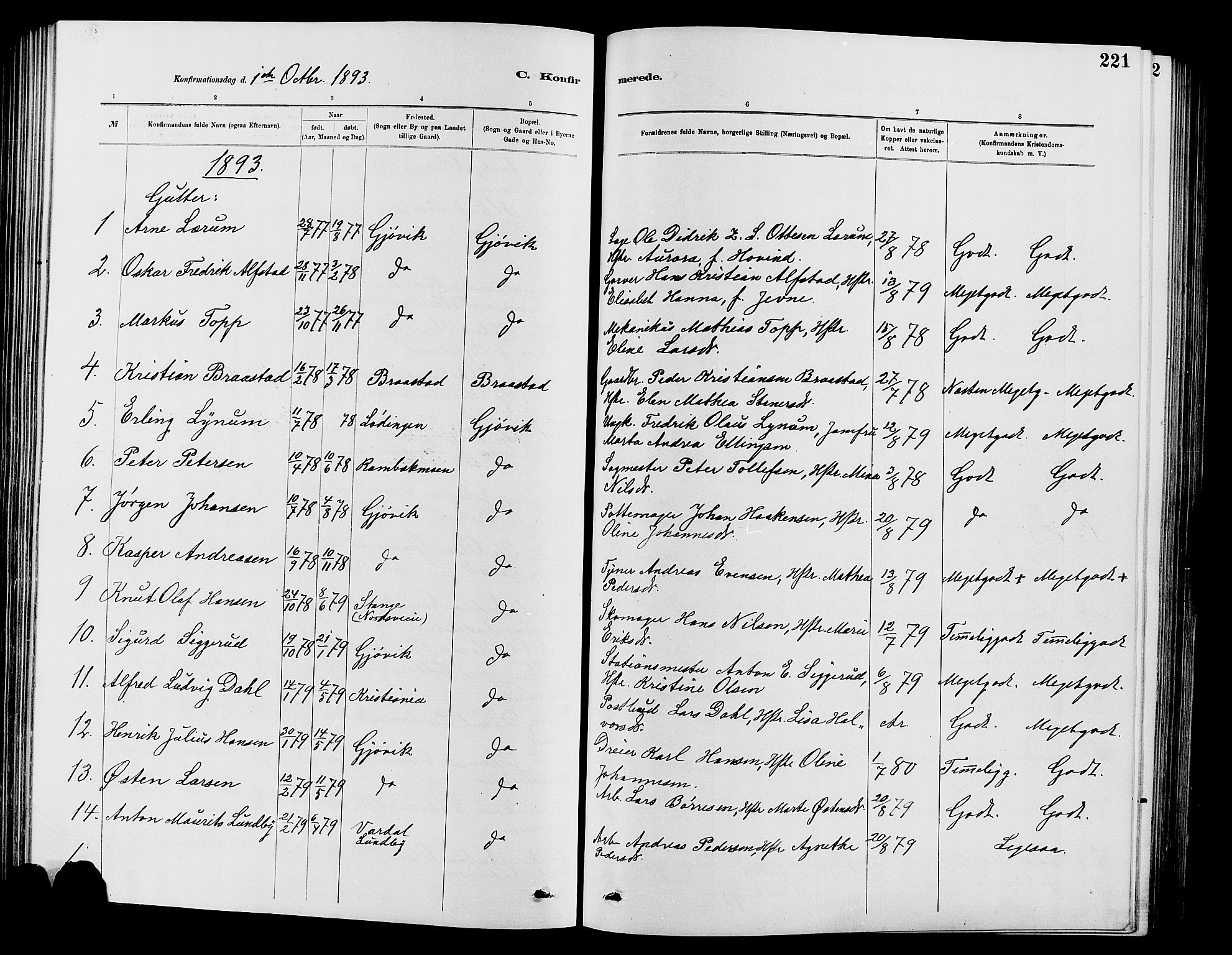 Vardal prestekontor, SAH/PREST-100/H/Ha/Hab/L0007: Parish register (copy) no. 7 /2, 1881-1895, p. 221
