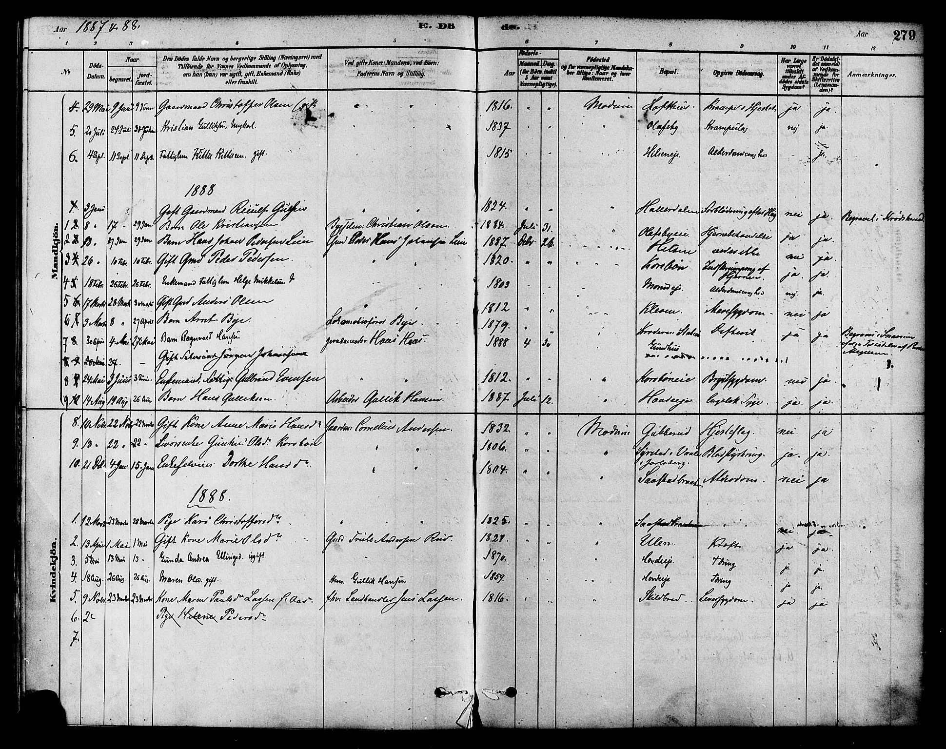 Modum kirkebøker, SAKO/A-234/F/Fa/L0015: Parish register (official) no. 15 /2, 1877-1889, p. 279