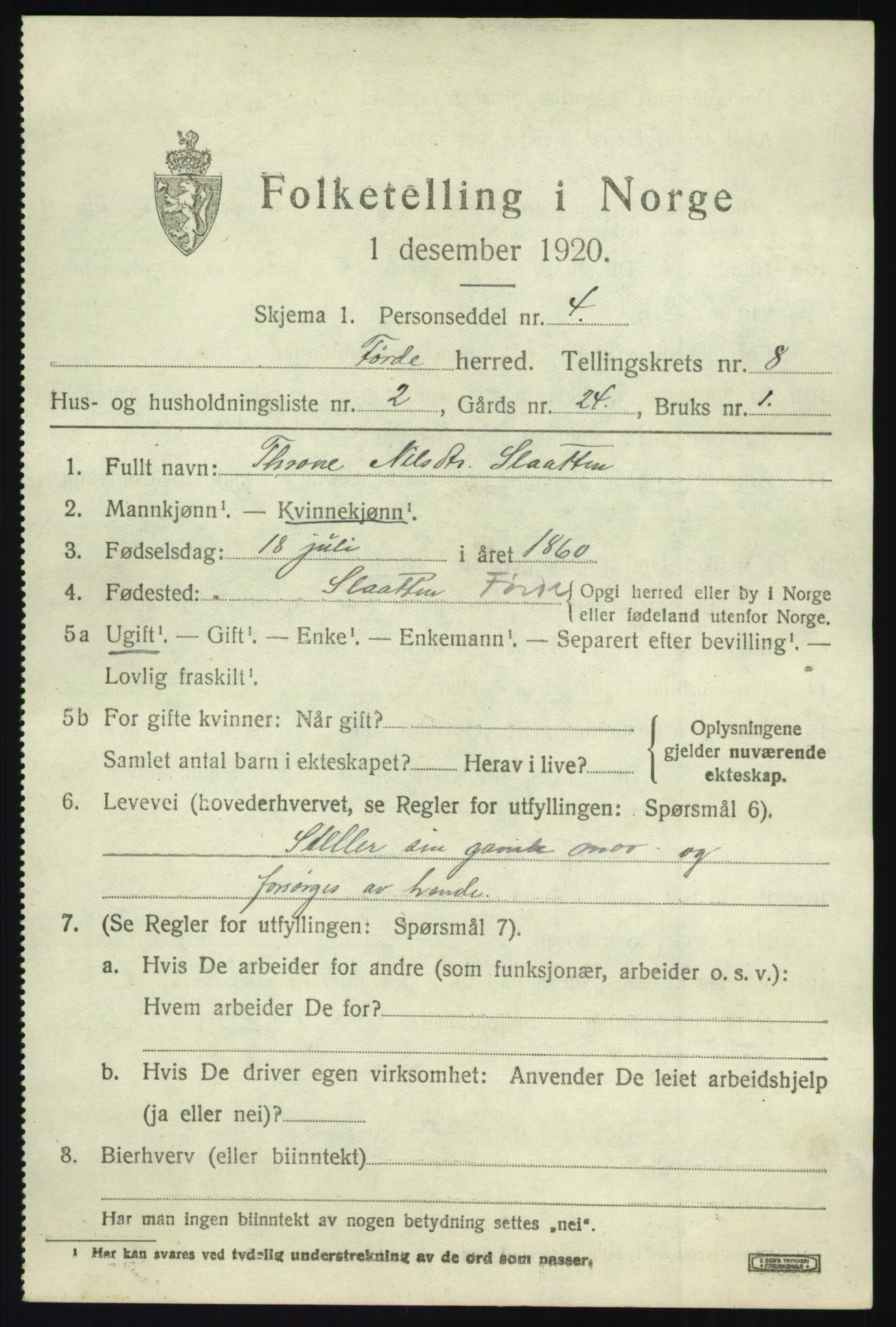 SAB, 1920 census for Førde, 1920, p. 3184