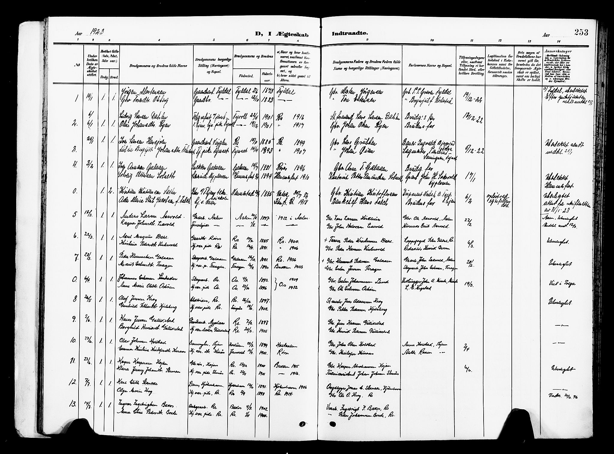 Ministerialprotokoller, klokkerbøker og fødselsregistre - Sør-Trøndelag, SAT/A-1456/681/L0942: Parish register (copy) no. 681C06, 1906-1925, p. 253