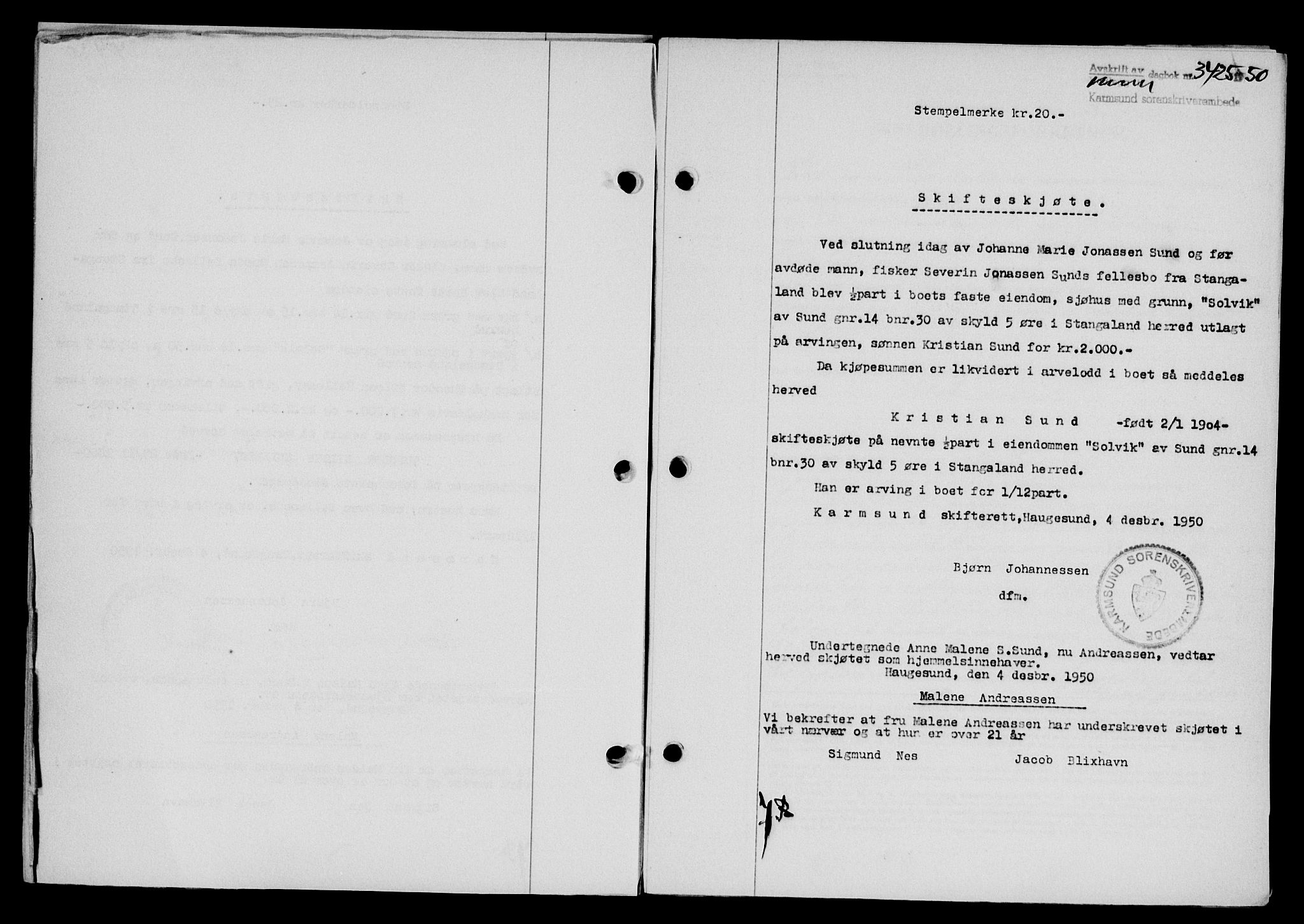 Karmsund sorenskriveri, SAST/A-100311/01/II/IIB/L0101: Mortgage book no. 81A, 1950-1951, Diary no: : 3425/1950