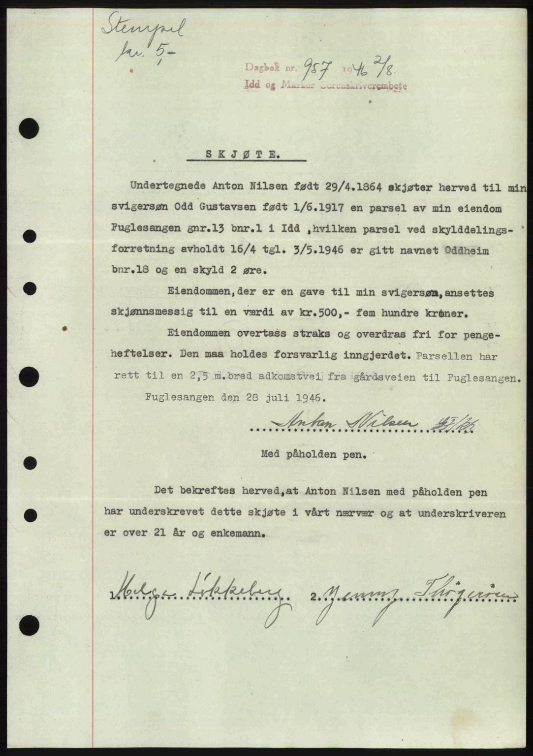 Idd og Marker sorenskriveri, AV/SAO-A-10283/G/Gb/Gbb/L0008: Mortgage book no. A8, 1946-1946, Diary no: : 957/1946