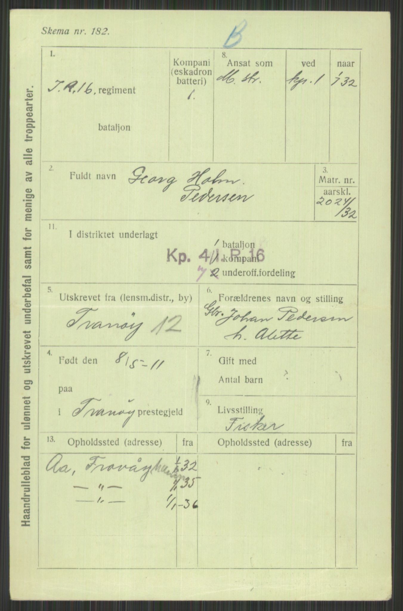 Forsvaret, Troms infanteriregiment nr. 16, AV/RA-RAFA-3146/P/Pa/L0016: Rulleblad for regimentets menige mannskaper, årsklasse 1932, 1932, p. 1291