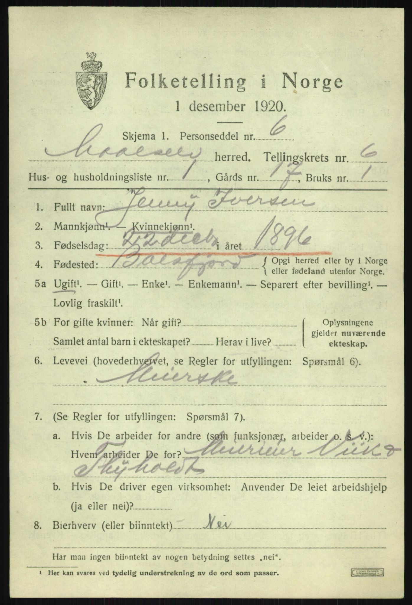 SATØ, 1920 census for Målselv, 1920, p. 3625