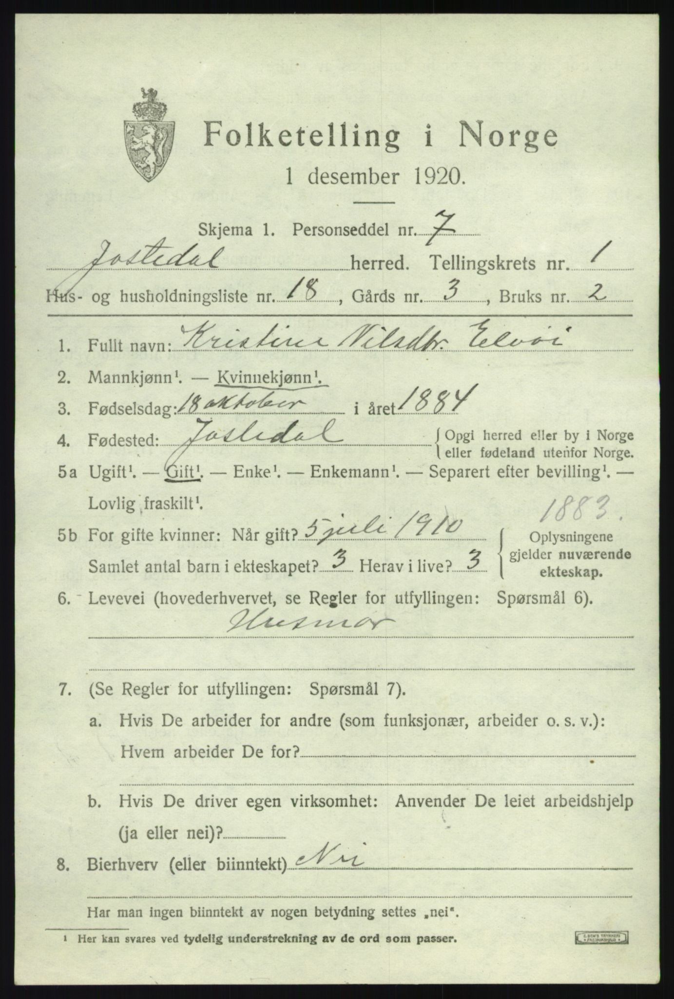 SAB, 1920 census for Jostedal, 1920, p. 570