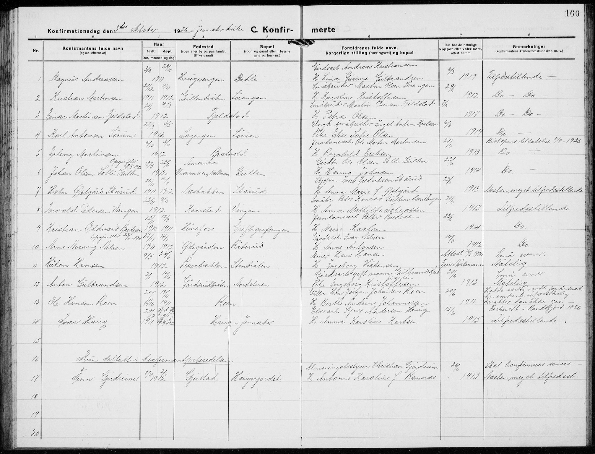 Jevnaker prestekontor, AV/SAH-PREST-116/H/Ha/Hab/L0005: Parish register (copy) no. 5, 1919-1934, p. 160