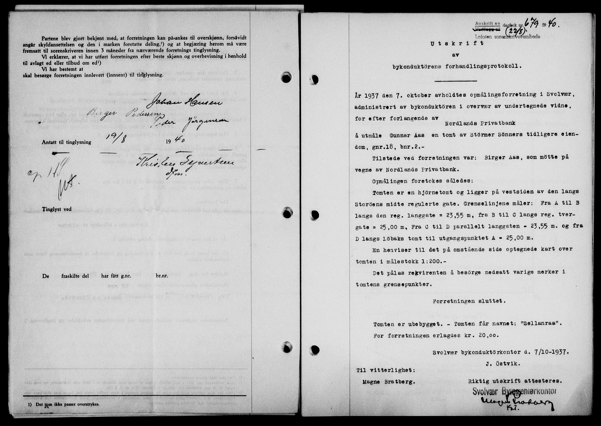 Lofoten sorenskriveri, SAT/A-0017/1/2/2C/L0007a: Mortgage book no. 7a, 1939-1940, Diary no: : 679/1940