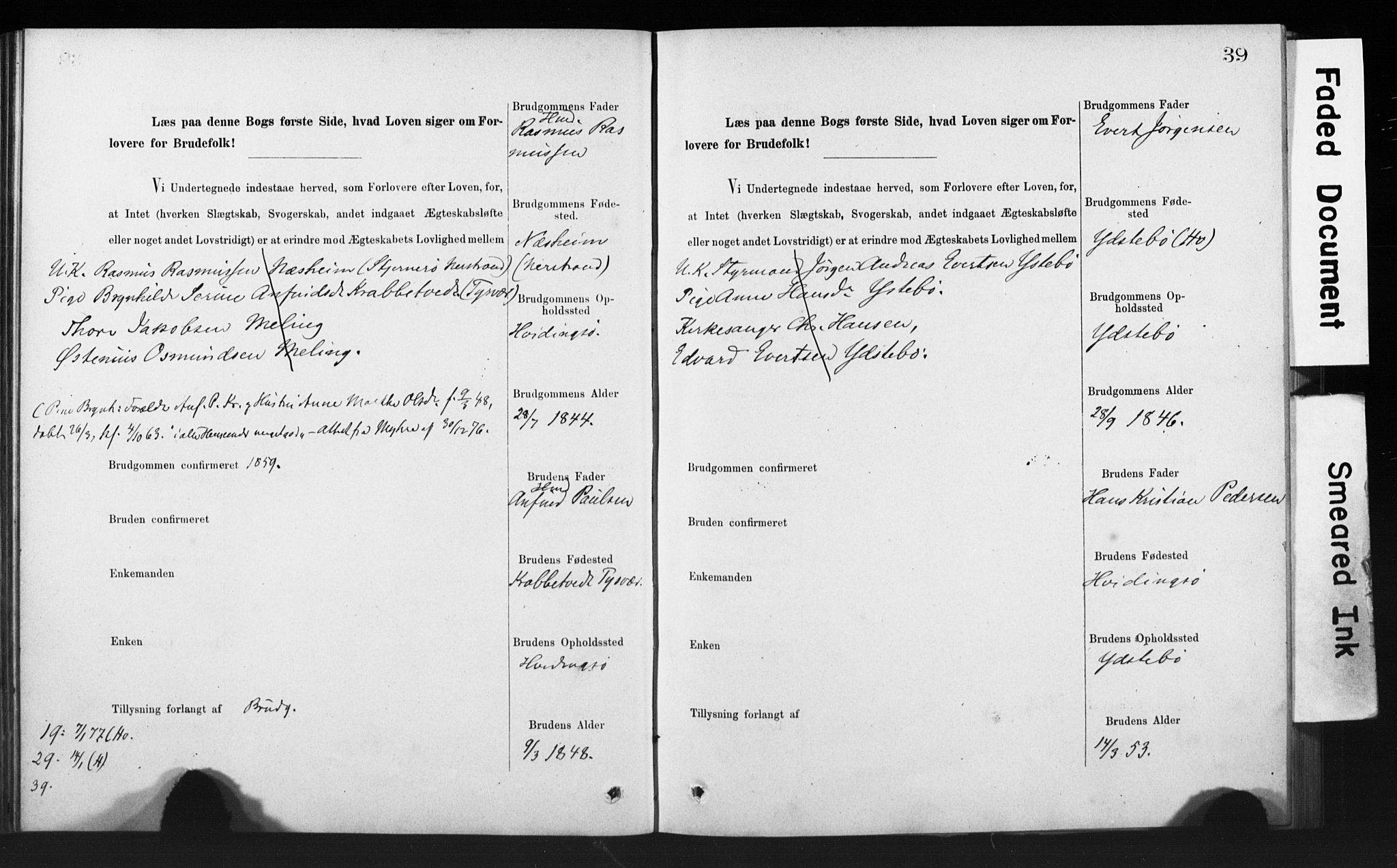 Rennesøy sokneprestkontor, SAST/A -101827/I/Ie/L0001: Banns register no. 1, 1873-1898, p. 39