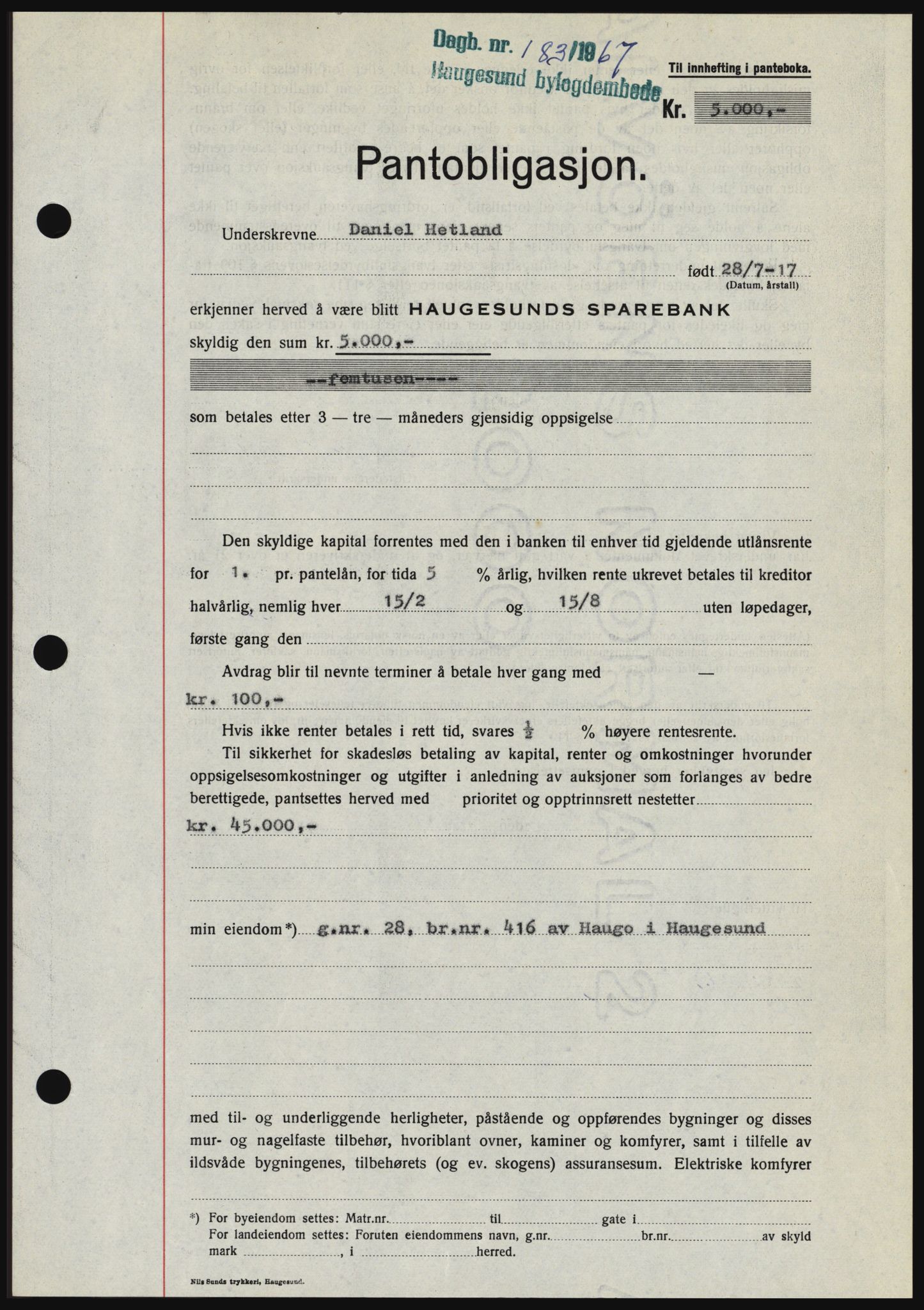 Haugesund tingrett, SAST/A-101415/01/II/IIC/L0056: Mortgage book no. B 56, 1966-1967, Diary no: : 183/1967