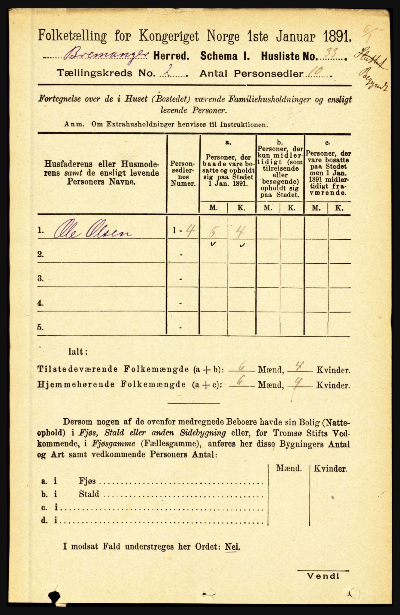 RA, 1891 census for 1438 Bremanger, 1891, p. 644