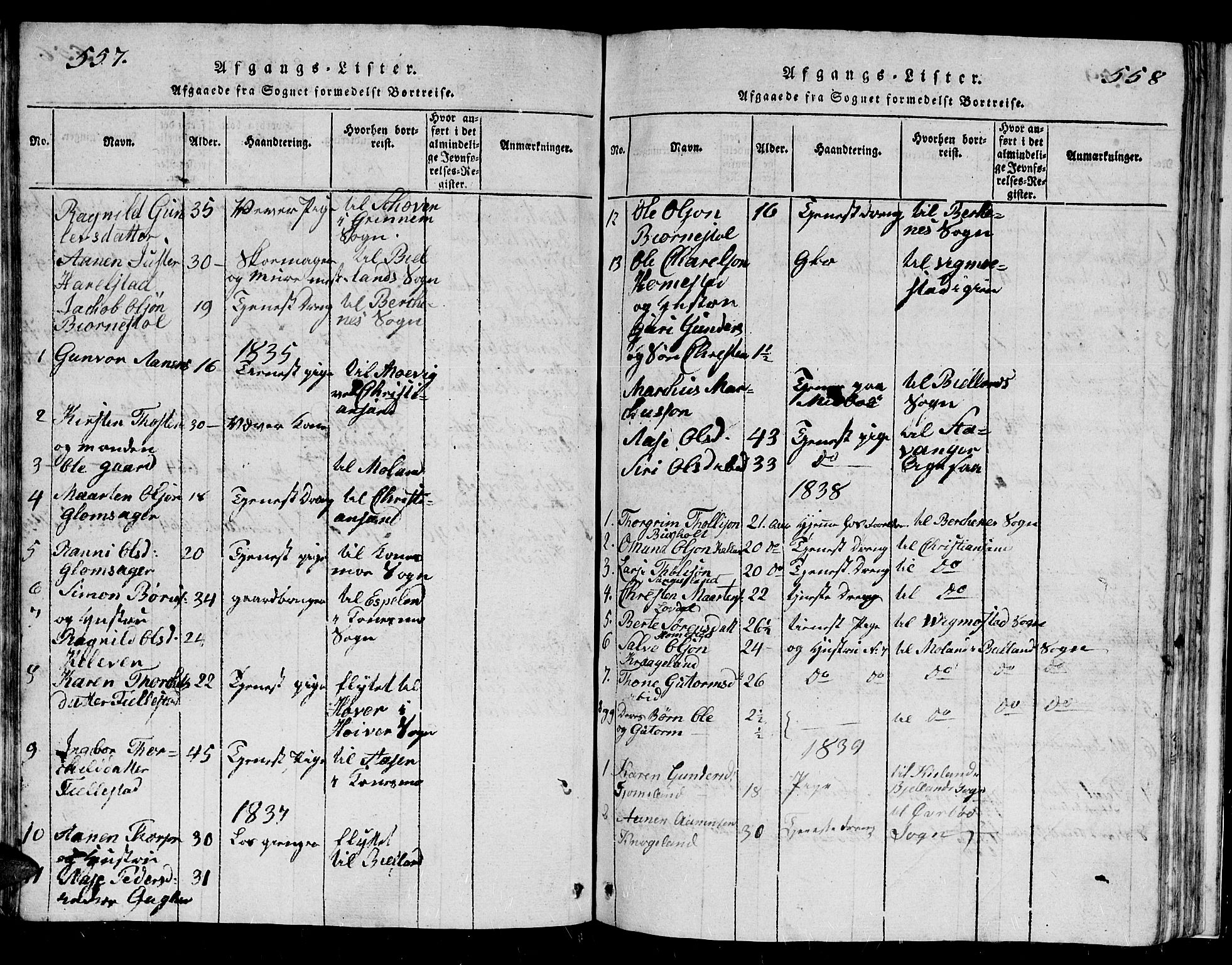 Holum sokneprestkontor, SAK/1111-0022/F/Fb/Fbb/L0001: Parish register (copy) no. B 1, 1820-1847, p. 557-558