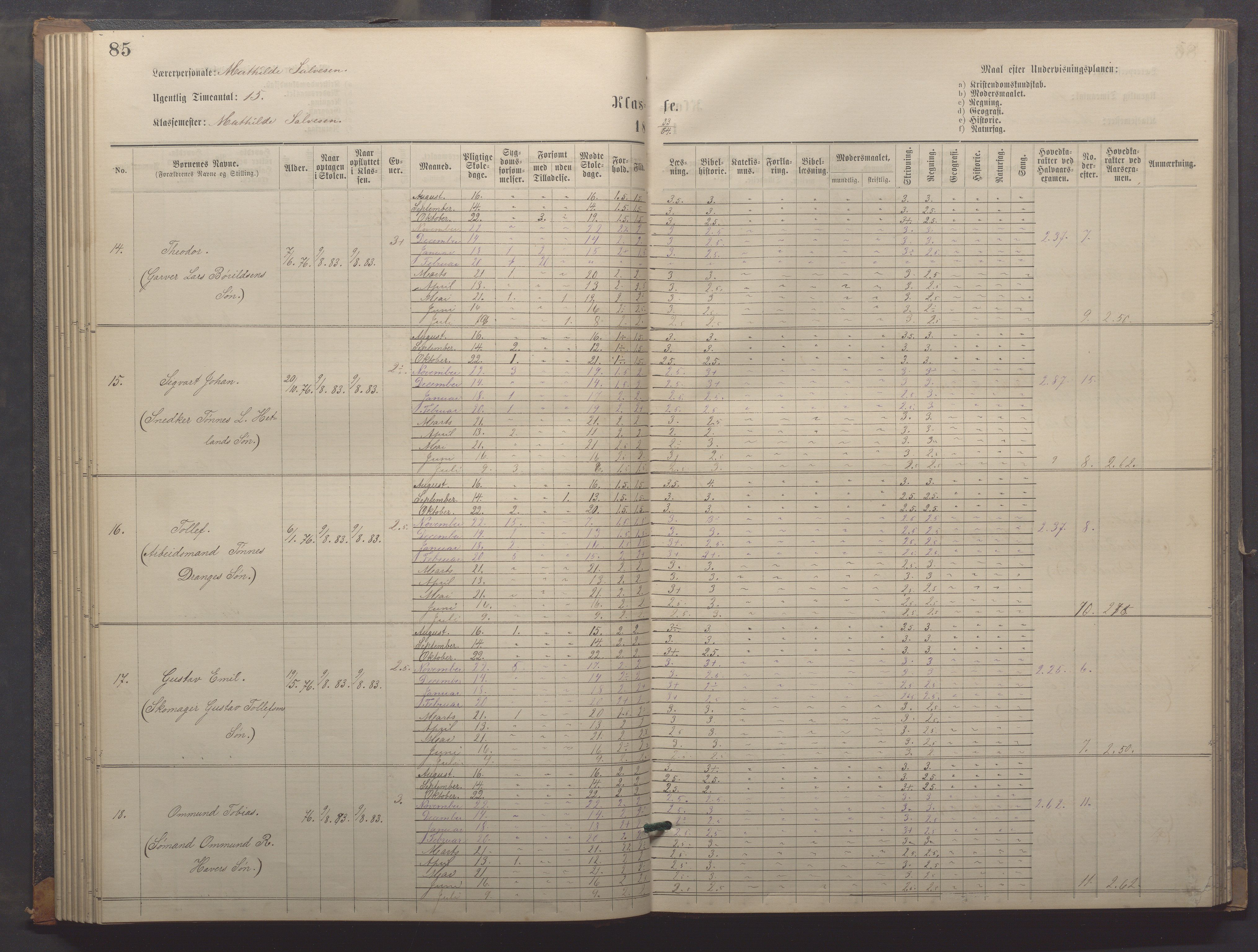 Egersund kommune (Ladested) - Egersund almueskole/folkeskole, IKAR/K-100521/H/L0018: Skoleprotokoll - Almueskolen, småbarnklasse, 1878-1889, p. 85