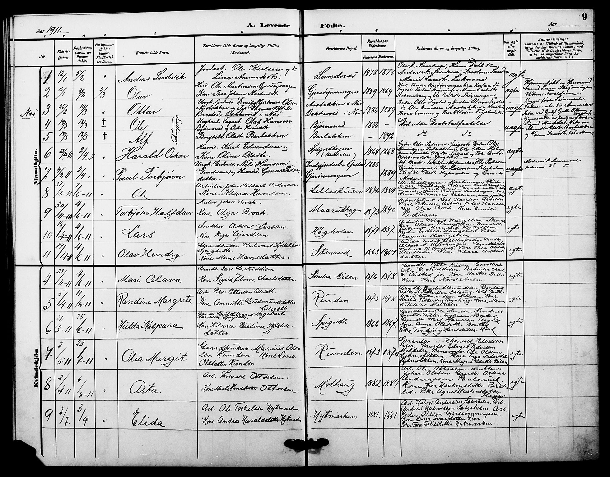 Sør-Odal prestekontor, AV/SAH-PREST-030/H/Ha/Hab/L0007: Parish register (copy) no. 7, 1907-1915, p. 9