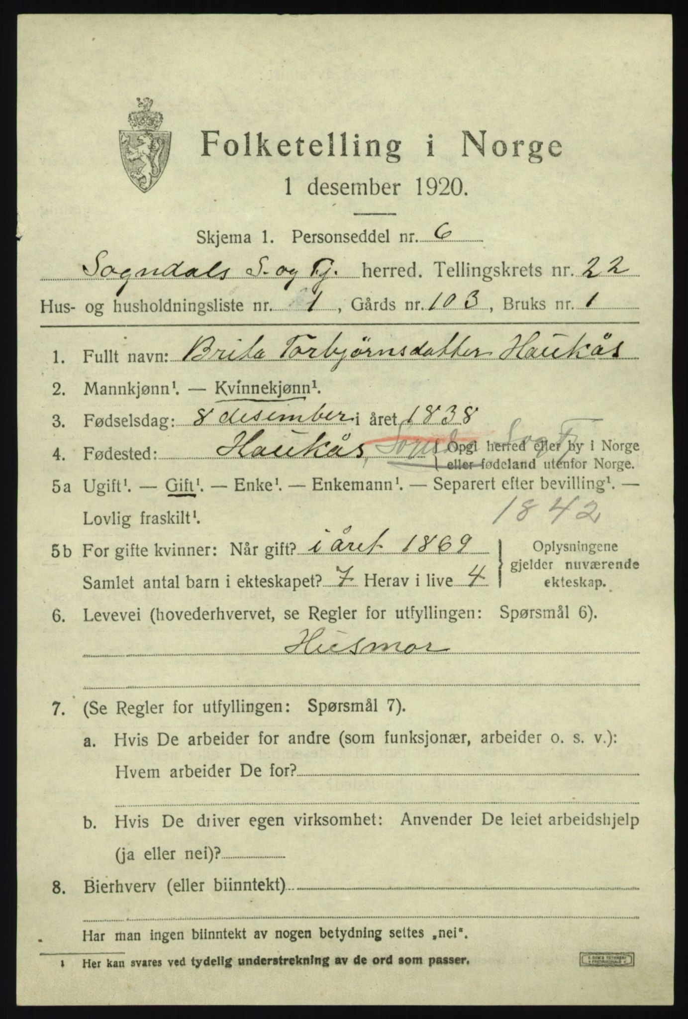 SAB, 1920 census for Sogndal, 1920, p. 7955