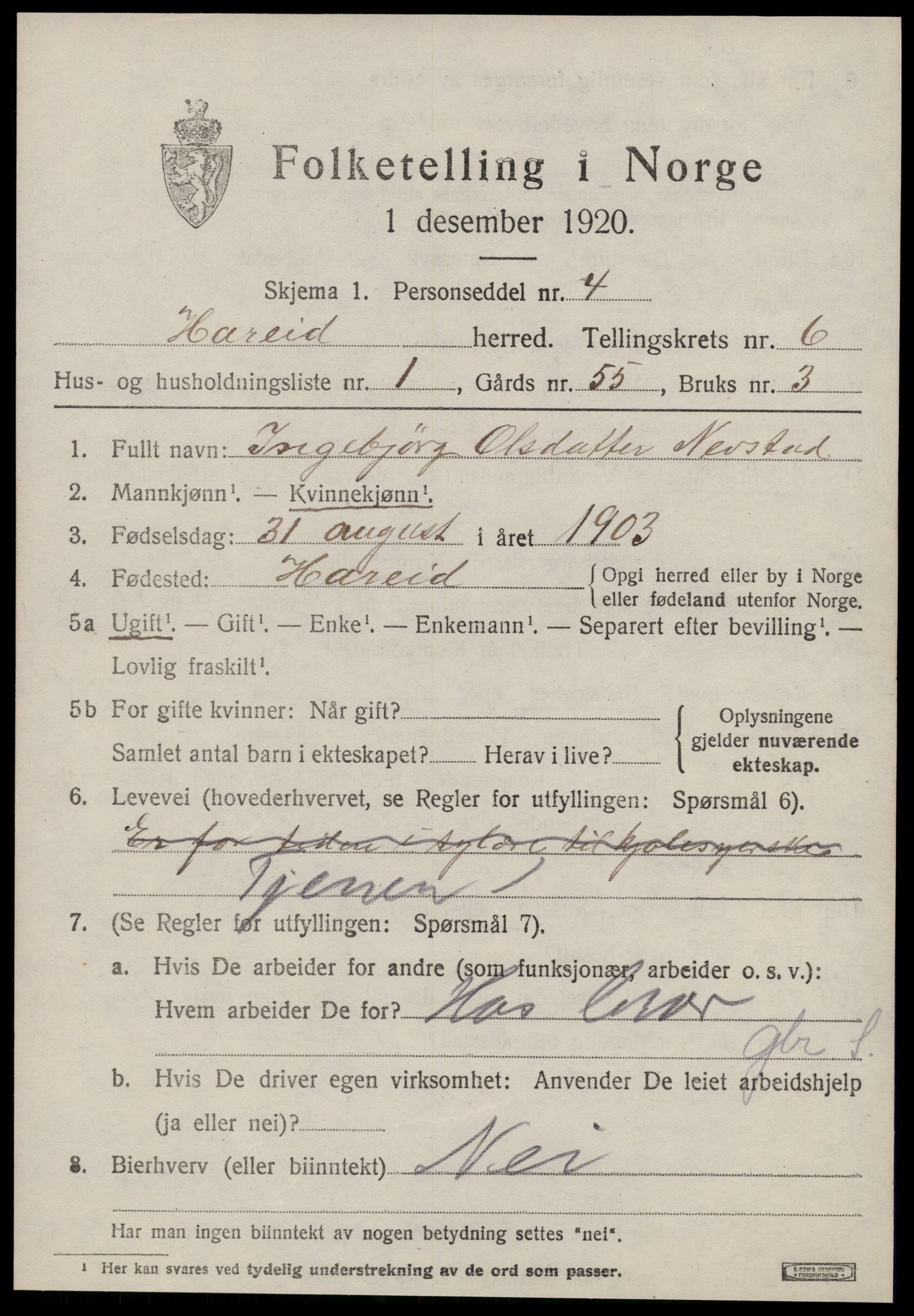 SAT, 1920 census for Hareid, 1920, p. 2169