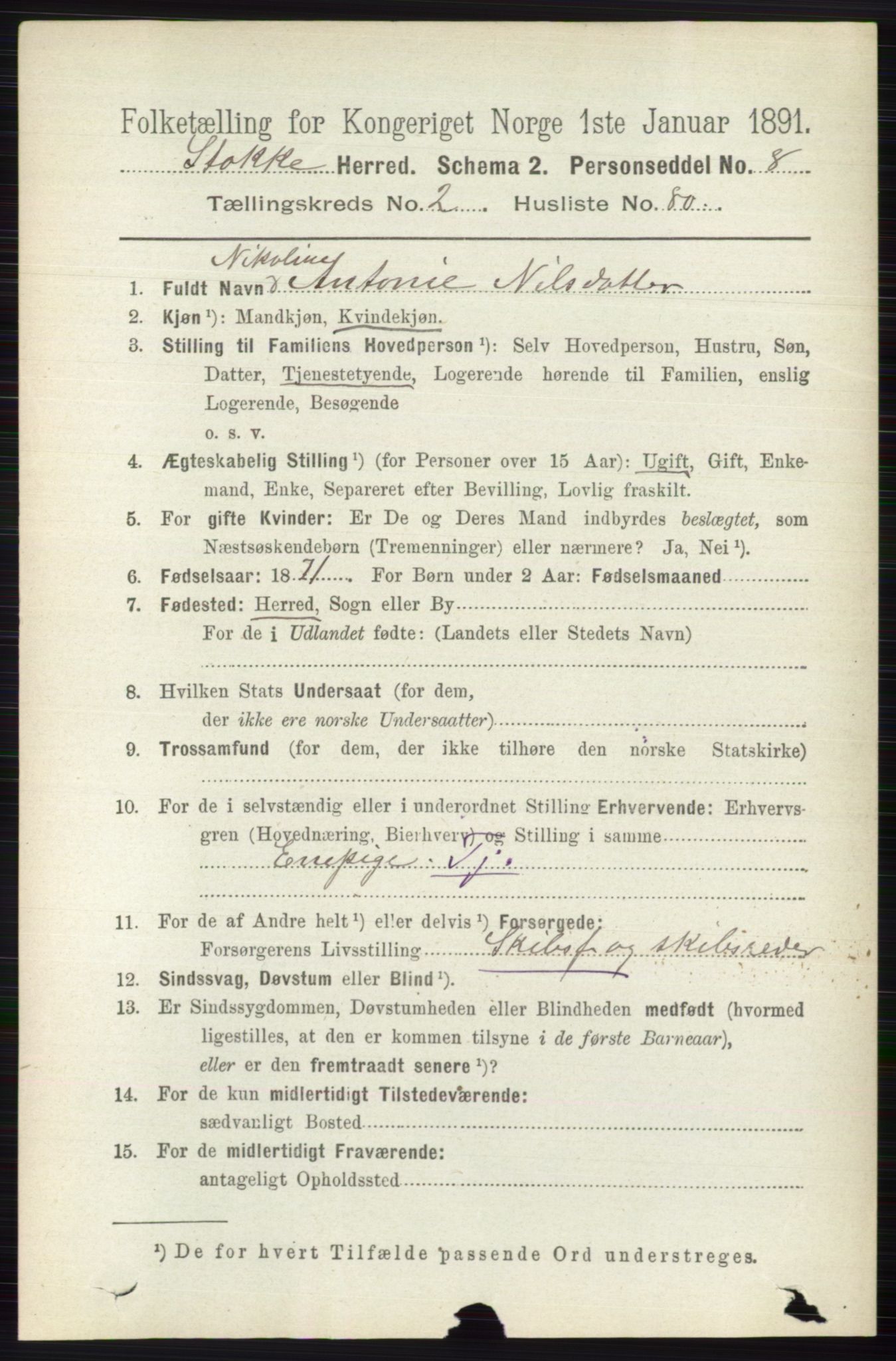 RA, 1891 census for 0720 Stokke, 1891, p. 1431