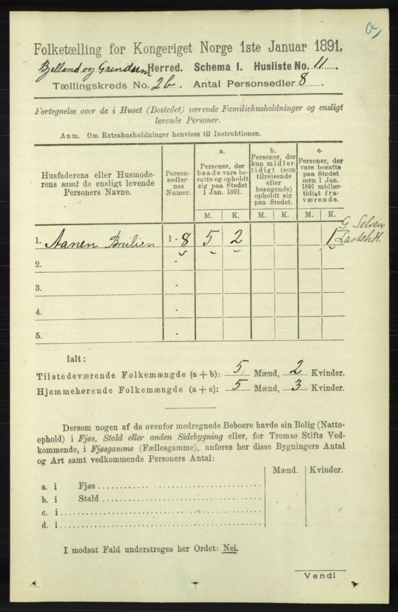 RA, 1891 census for 1024 Bjelland og Grindheim, 1891, p. 1087