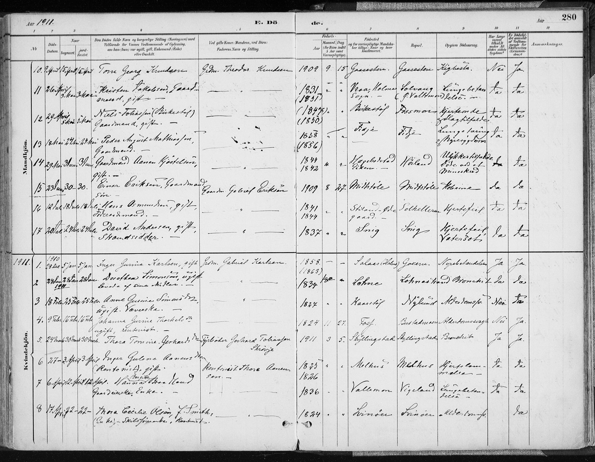 Sør-Audnedal sokneprestkontor, AV/SAK-1111-0039/F/Fa/Fab/L0010: Parish register (official) no. A 10, 1892-1913, p. 280