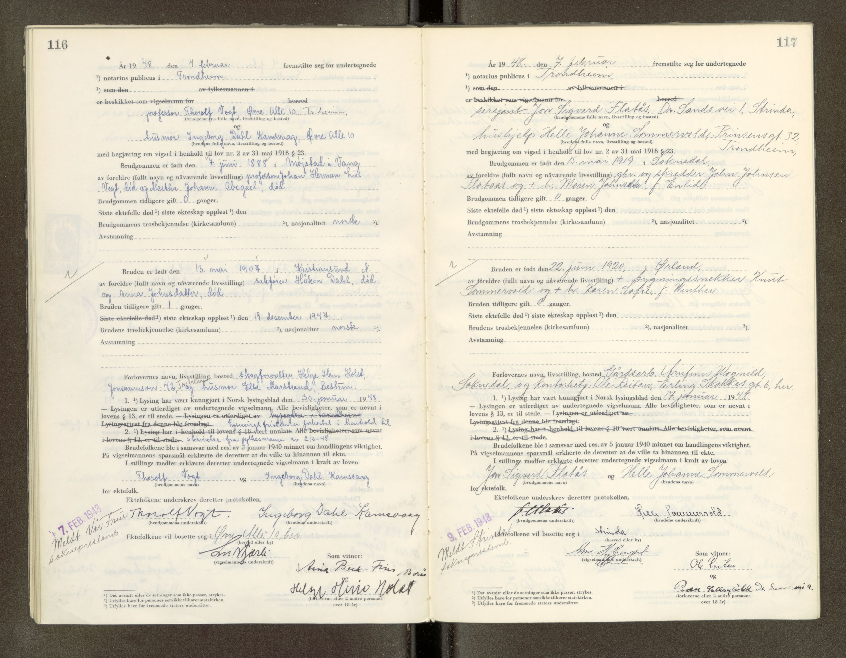 Trondheim byfogd, AV/SAT-A-0003/1/6/6D/L0005: Vigselbøker, 1944-1948, p. 116-117