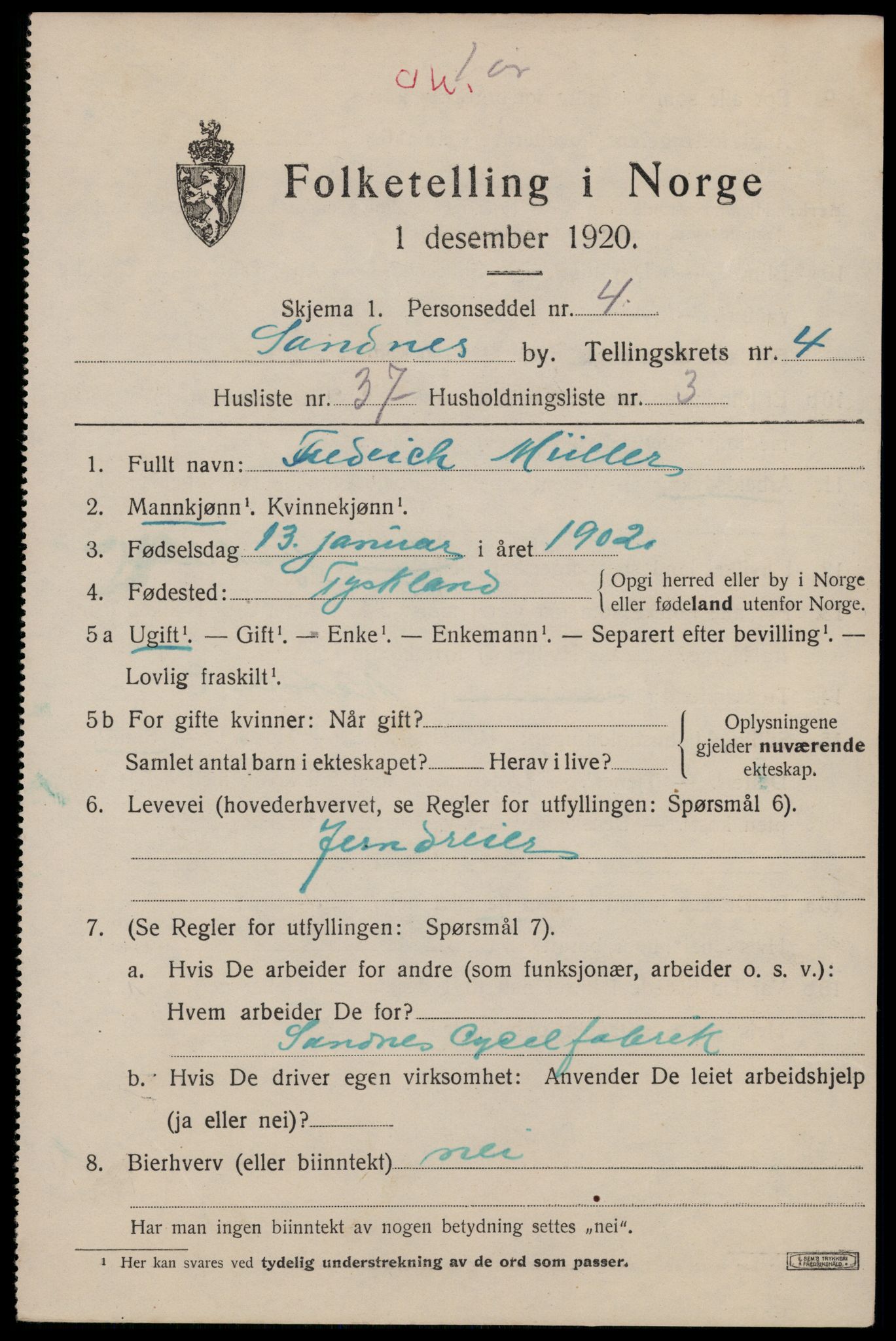 SAST, 1920 census for Sandnes, 1920, p. 4622