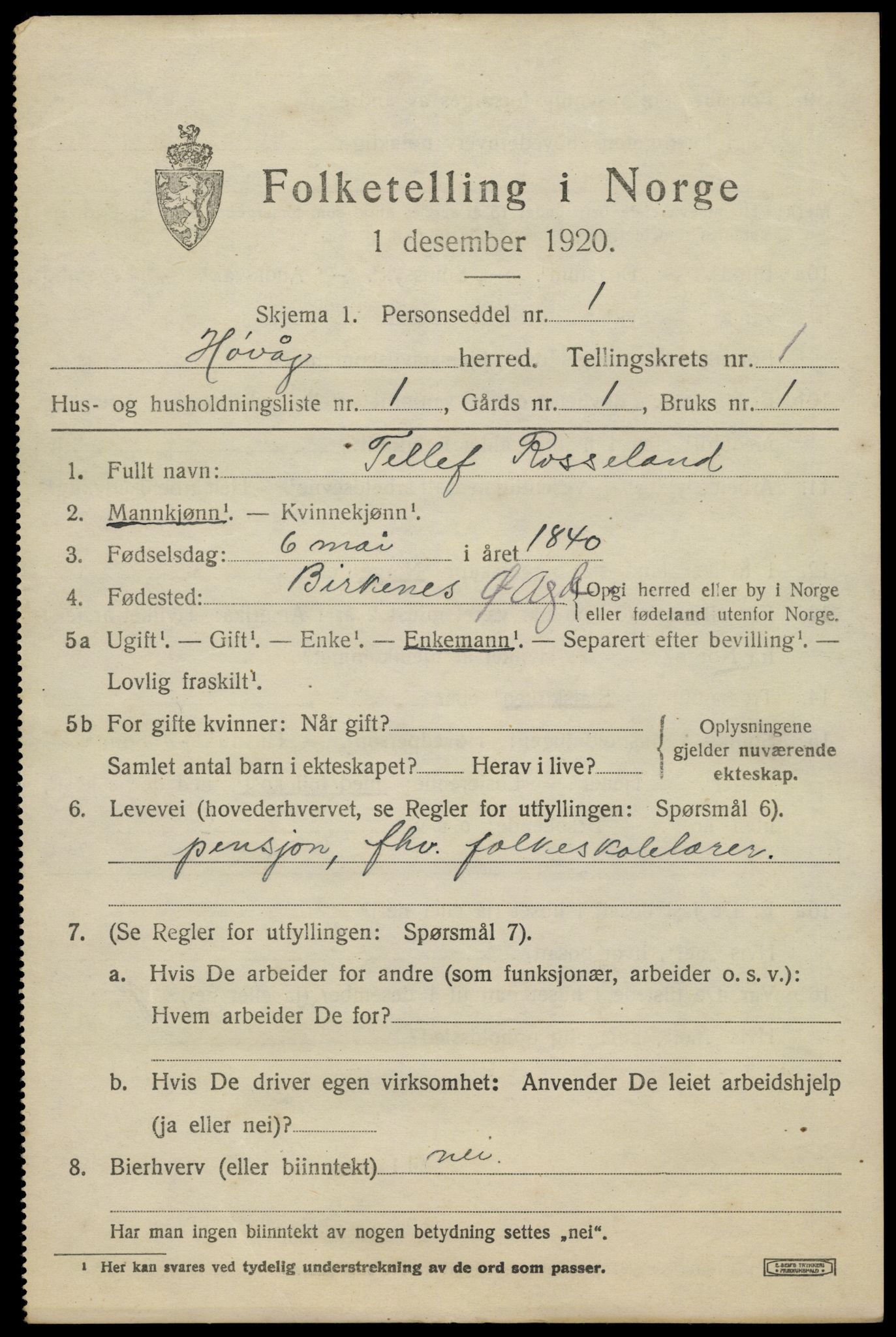 SAK, 1920 census for Høvåg, 1920, p. 880