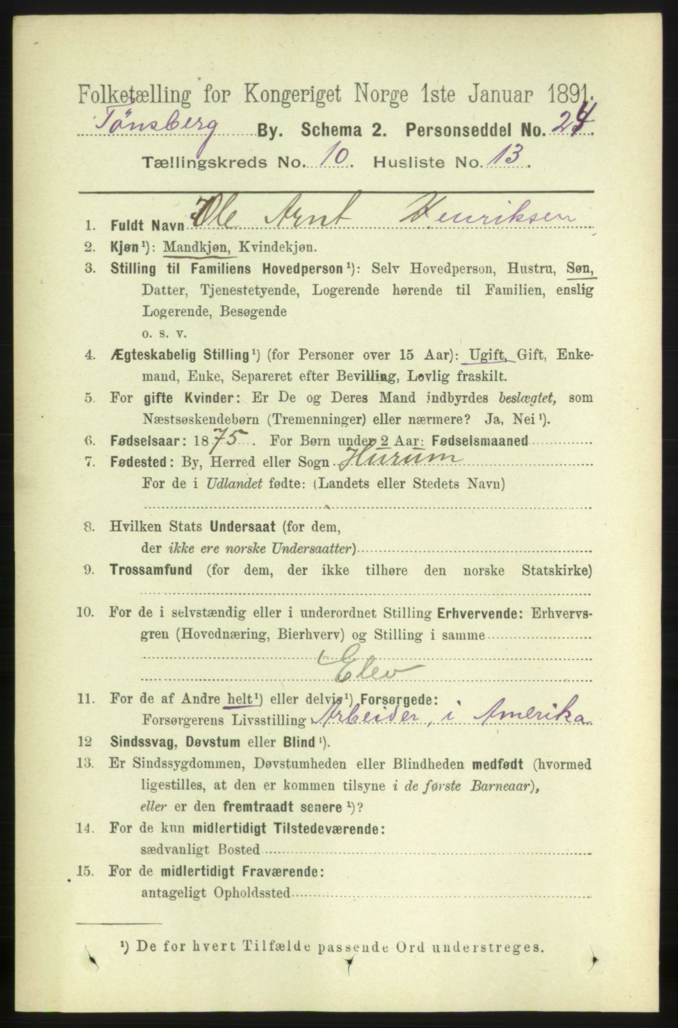 RA, 1891 census for 0705 Tønsberg, 1891, p. 3784