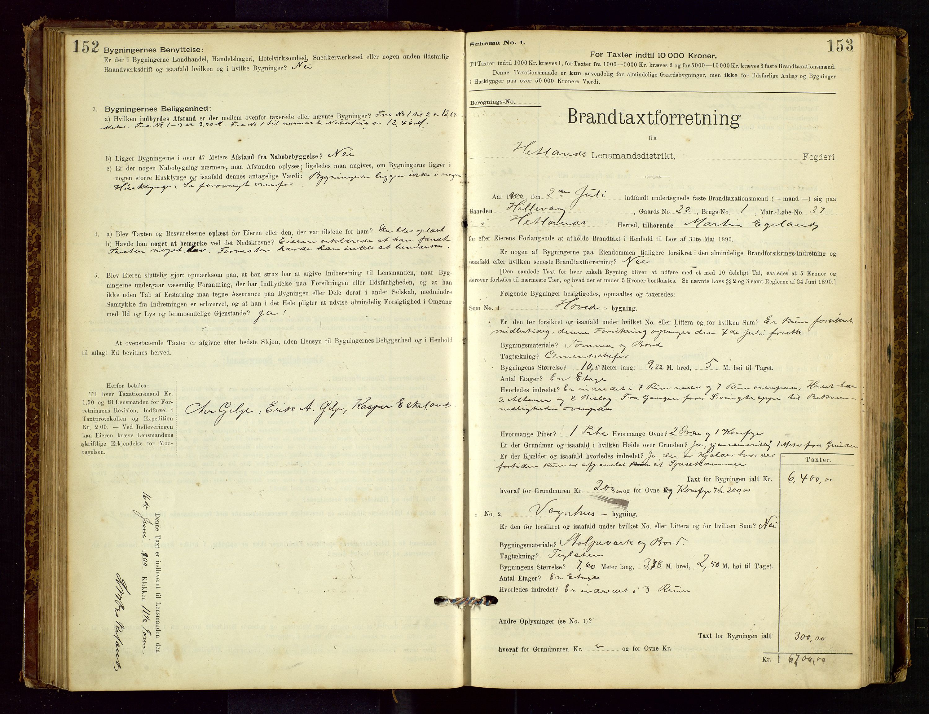Hetland lensmannskontor, SAST/A-100101/Gob/L0001: "Brandtaxationsprotokol", 1895-1918, p. 152-153