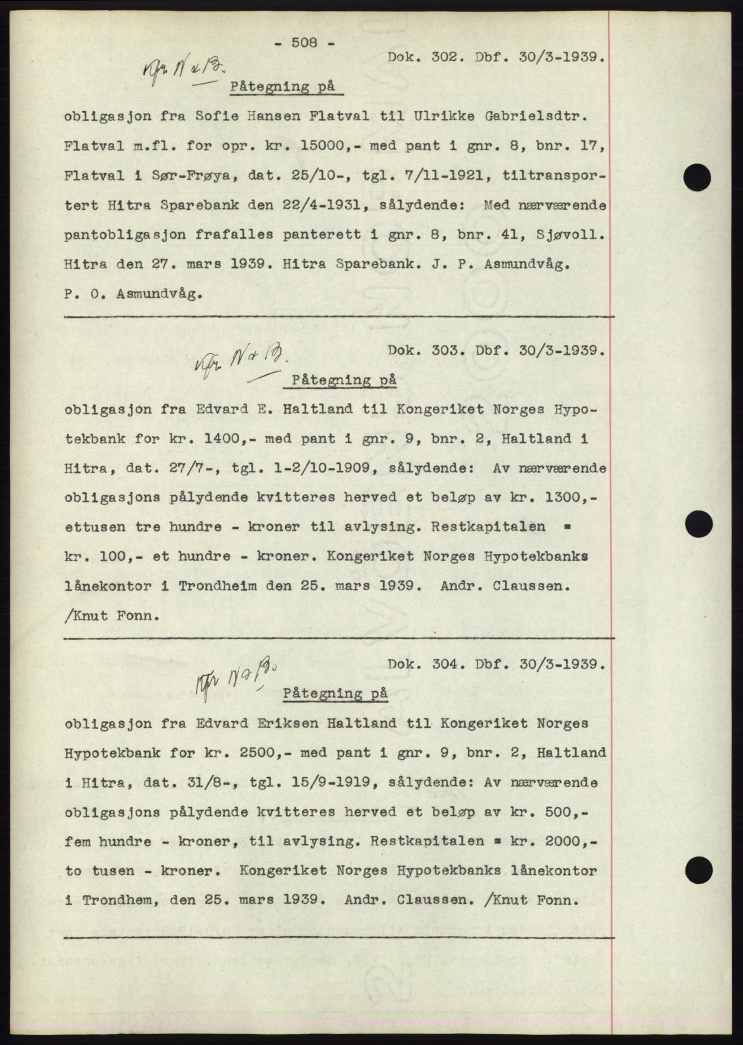 Hitra sorenskriveri, AV/SAT-A-0018/2/2C/2Ca: Mortgage book no. C1, 1936-1945, Diary no: : 302/1939