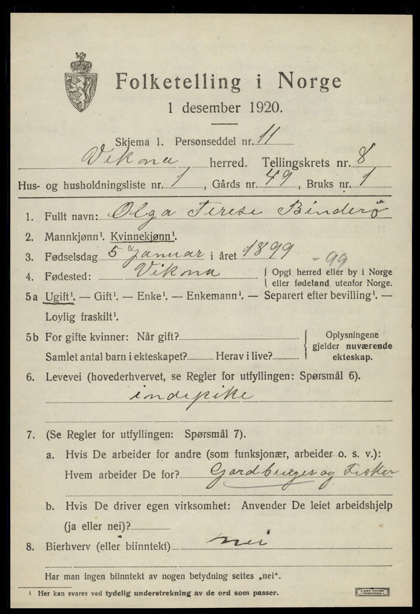 SAT, 1920 census for Vikna, 1920, p. 6007