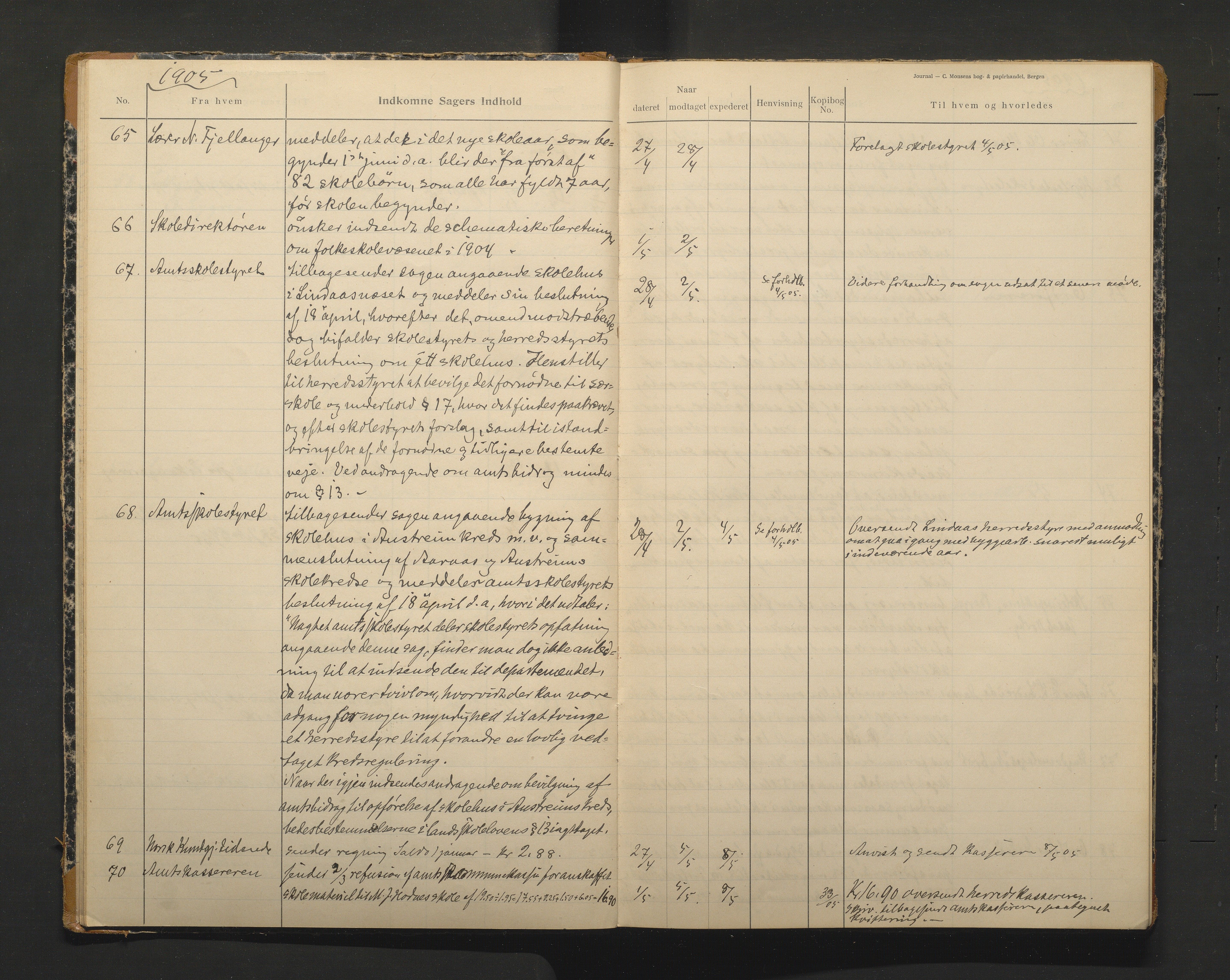 Lindås kommune. Skulestyret, IKAH/1263-211/C/Ca/L0002: Postjournal for Lindås skulestyre, 1905-1908