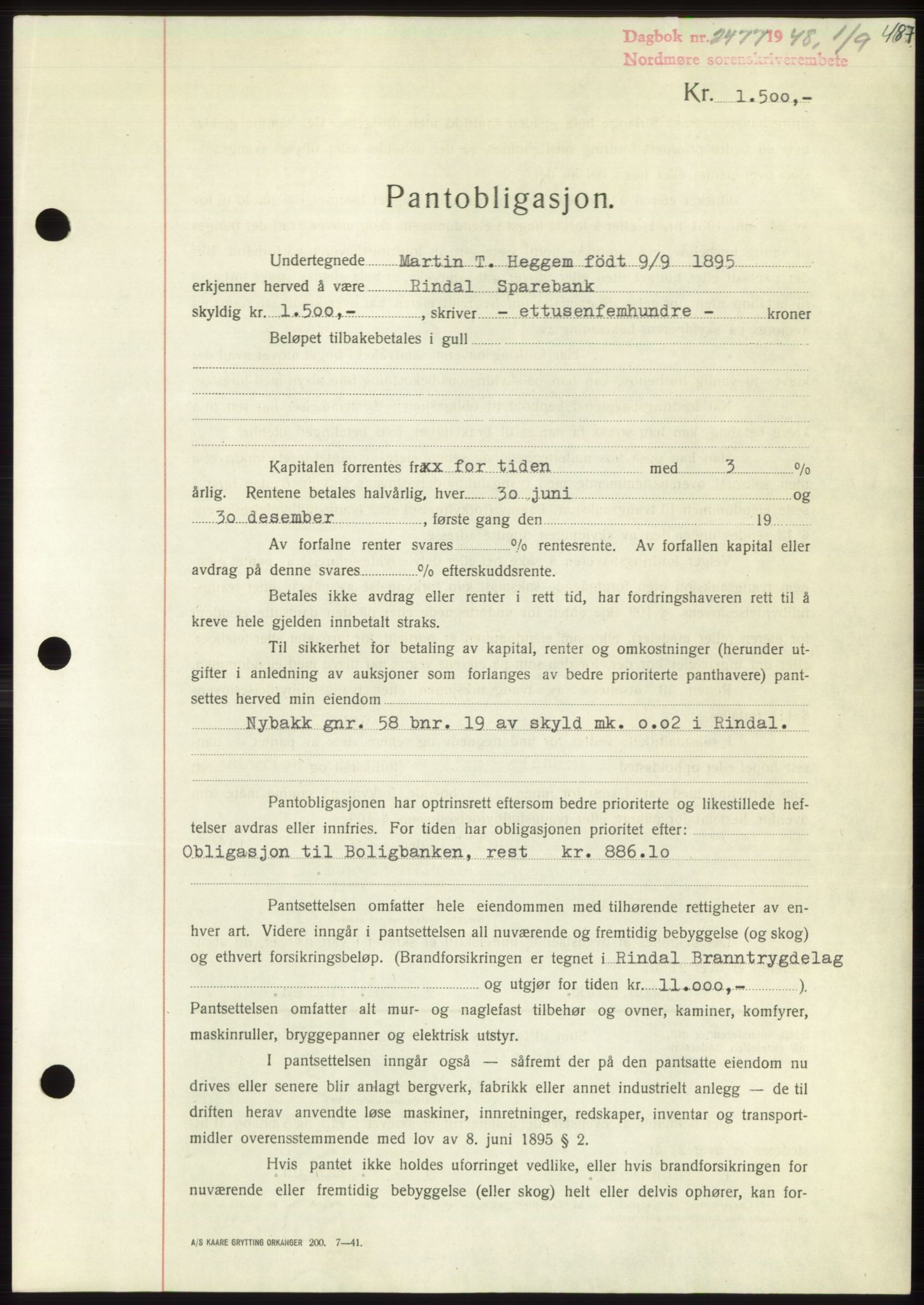 Nordmøre sorenskriveri, AV/SAT-A-4132/1/2/2Ca: Mortgage book no. B99, 1948-1948, Diary no: : 2477/1948