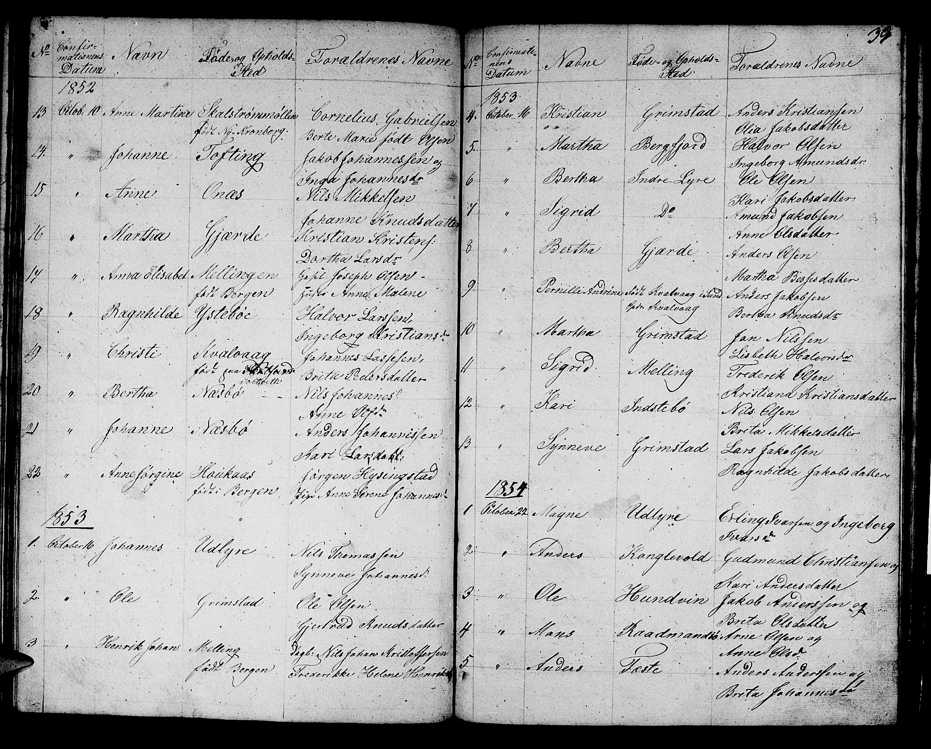 Alversund Sokneprestembete, SAB/A-73901/H/Ha/Hab: Parish register (copy) no. B 1, 1852-1865, p. 39