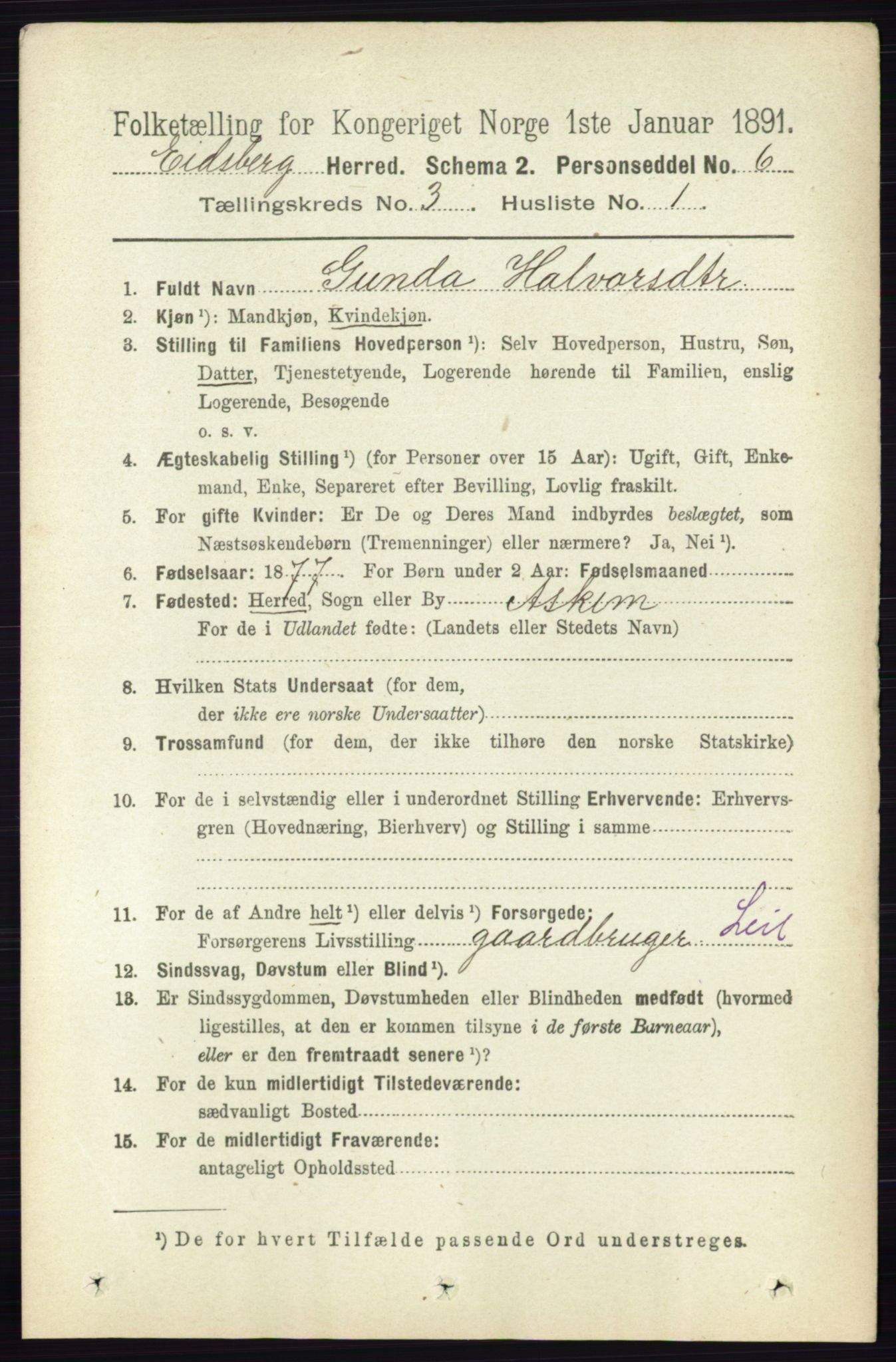 RA, 1891 census for 0125 Eidsberg, 1891, p. 1460