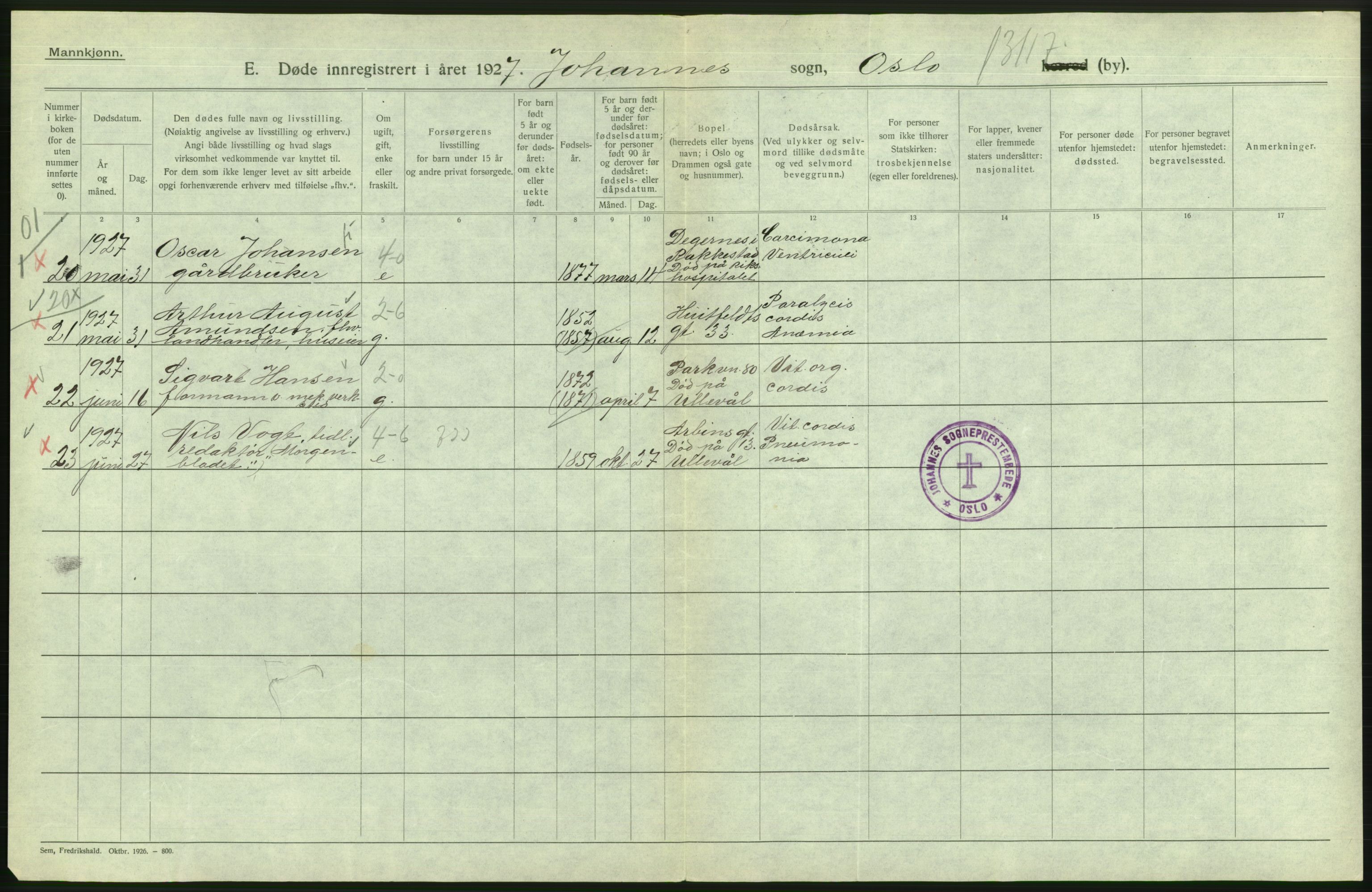 Statistisk sentralbyrå, Sosiodemografiske emner, Befolkning, AV/RA-S-2228/D/Df/Dfc/Dfcg/L0009: Oslo: Døde menn, 1927, p. 130