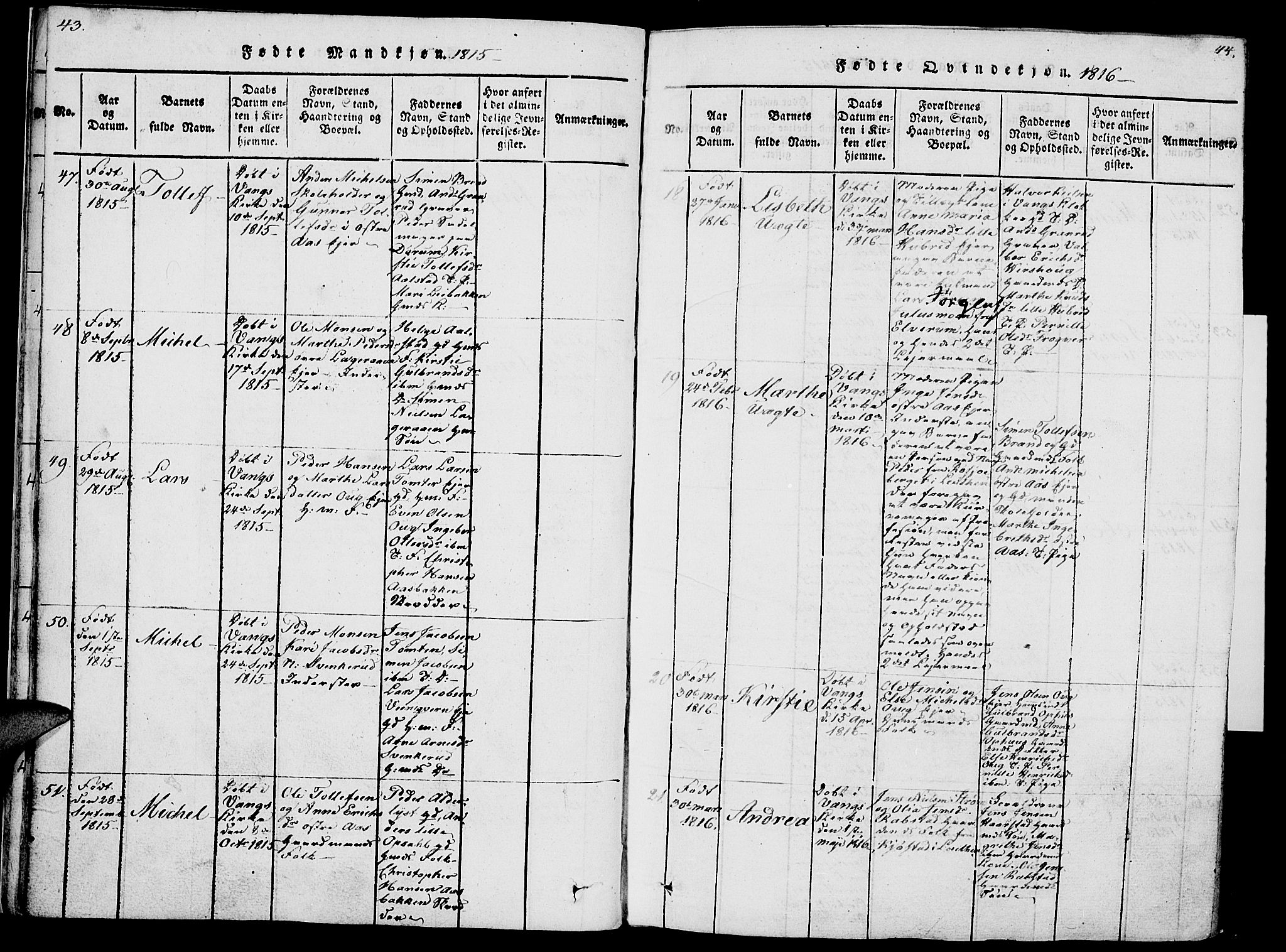 Vang prestekontor, Hedmark, SAH/PREST-008/H/Ha/Haa/L0007: Parish register (official) no. 7, 1813-1826, p. 43-44