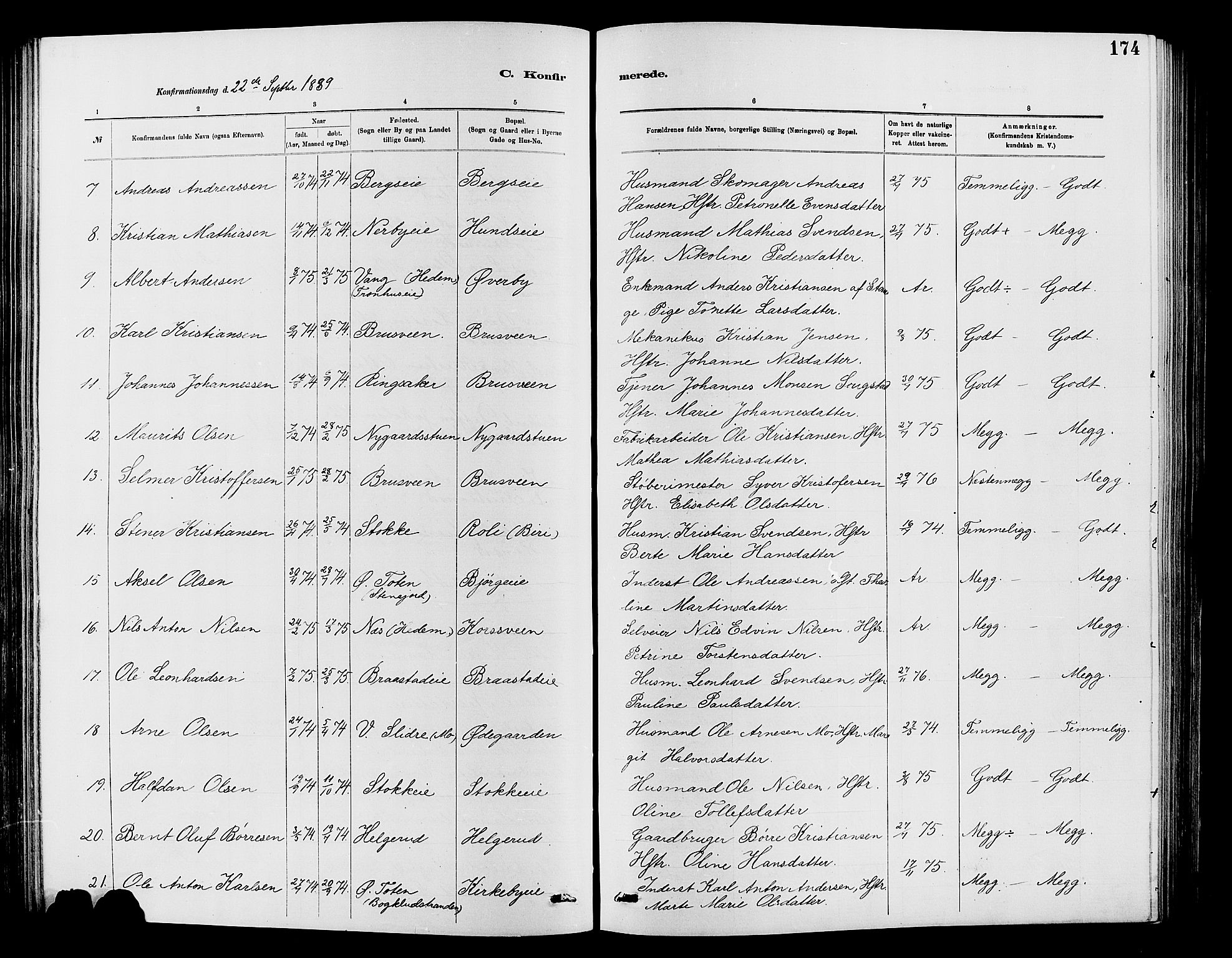 Vardal prestekontor, SAH/PREST-100/H/Ha/Hab/L0007: Parish register (copy) no. 7 /1, 1881-1895, p. 174