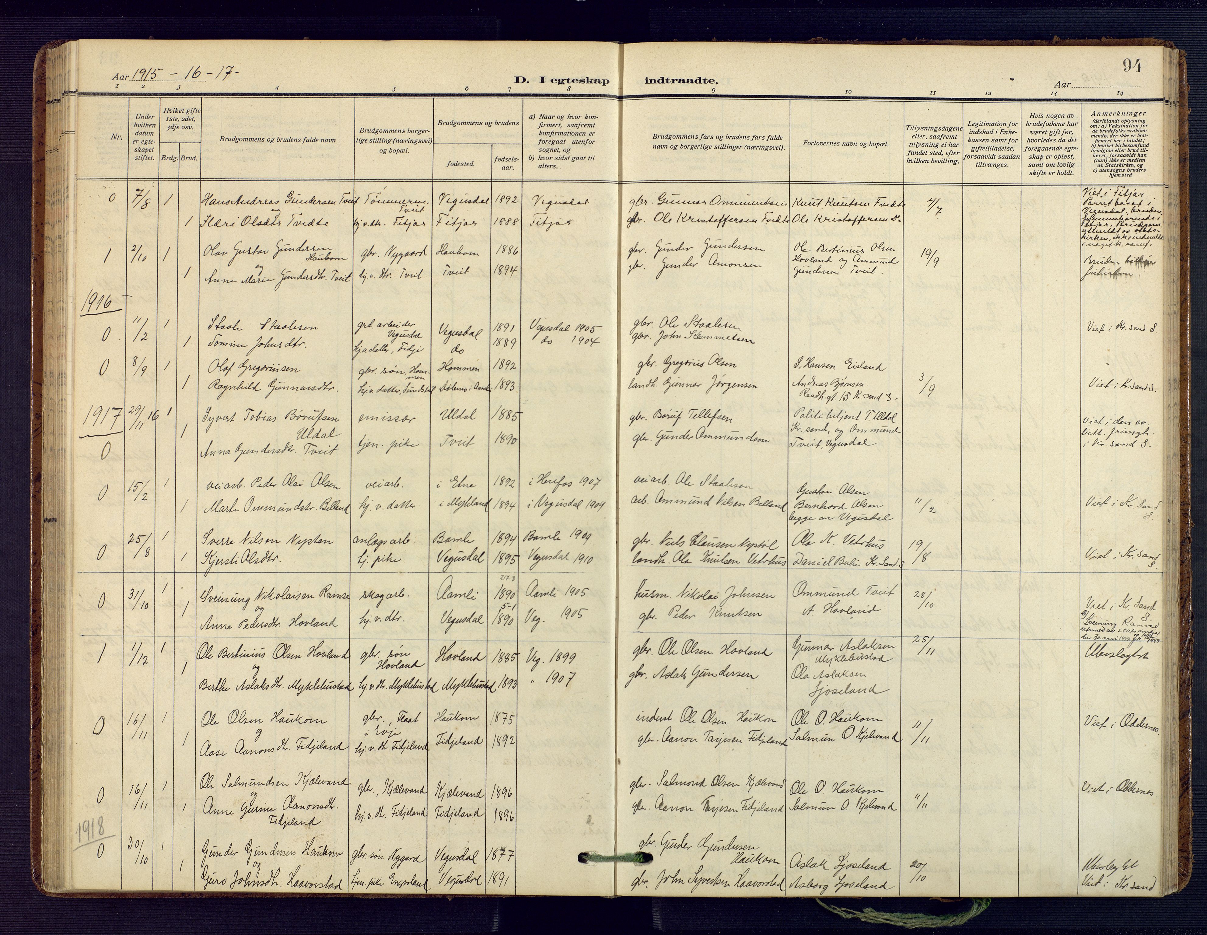 Herefoss sokneprestkontor, SAK/1111-0019/F/Fa/Fab/L0005: Parish register (official) no. A 5, 1910-1932, p. 94