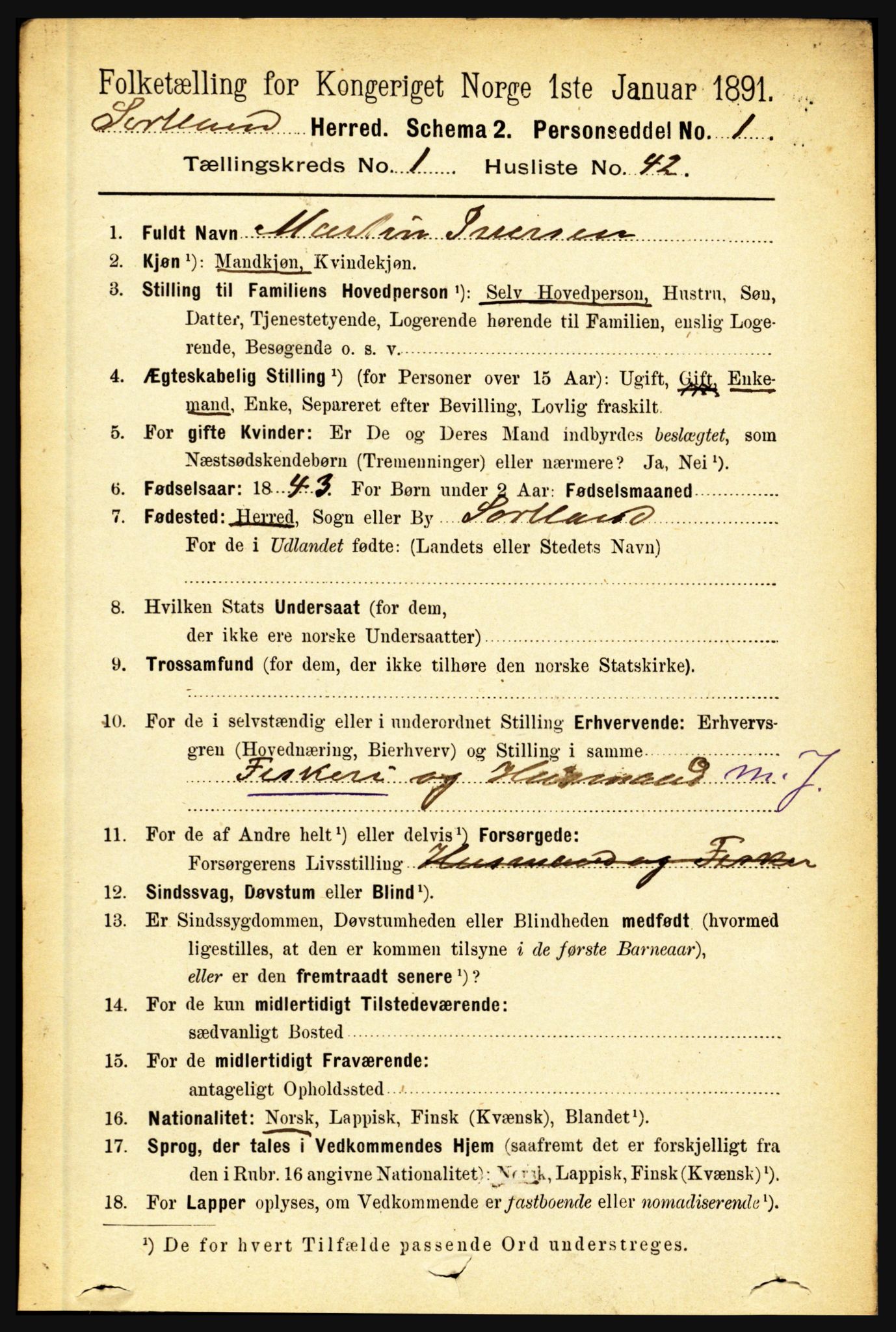 RA, 1891 census for 1870 Sortland, 1891, p. 371