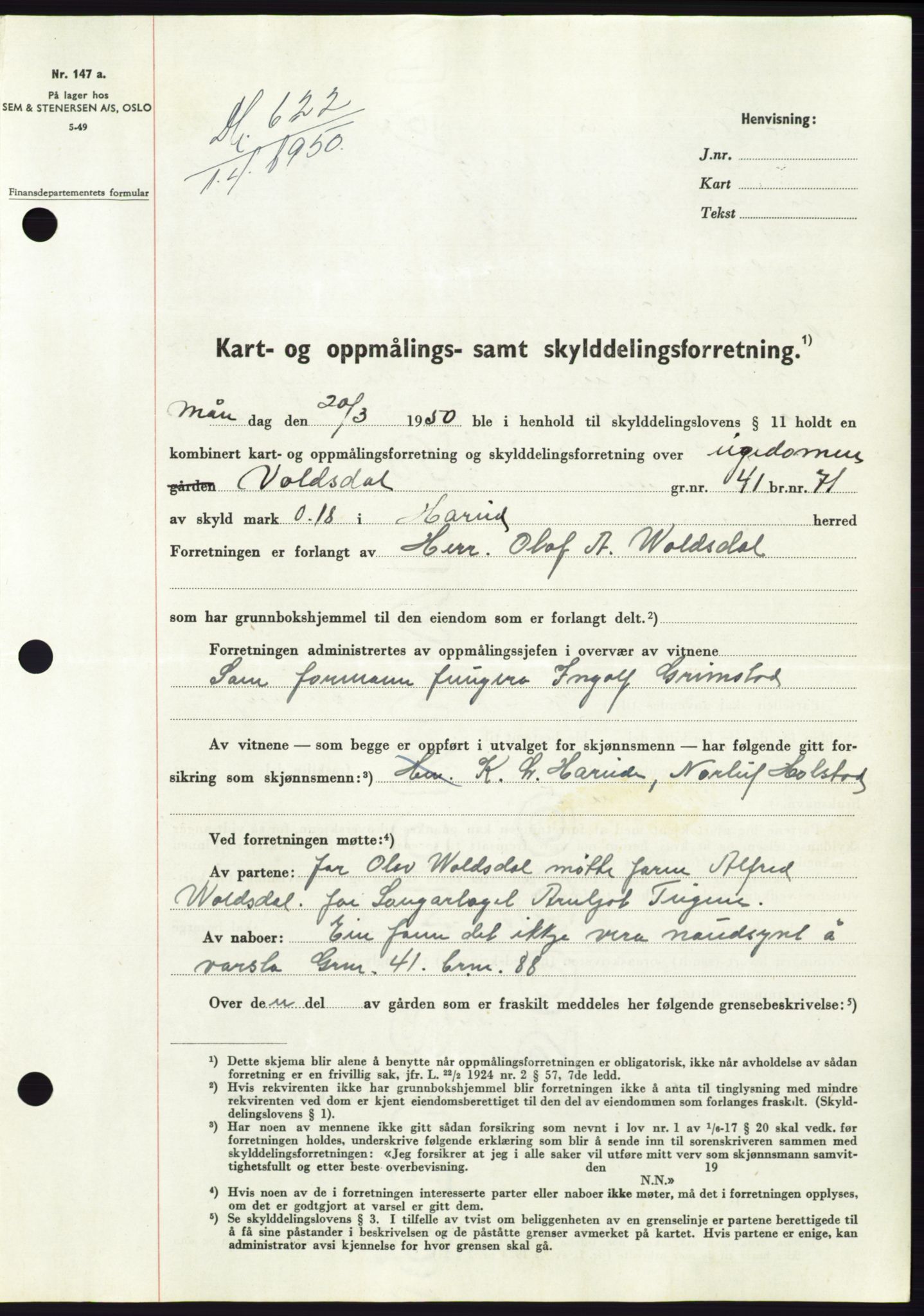 Søre Sunnmøre sorenskriveri, AV/SAT-A-4122/1/2/2C/L0086: Mortgage book no. 12A, 1949-1950, Diary no: : 622/1950