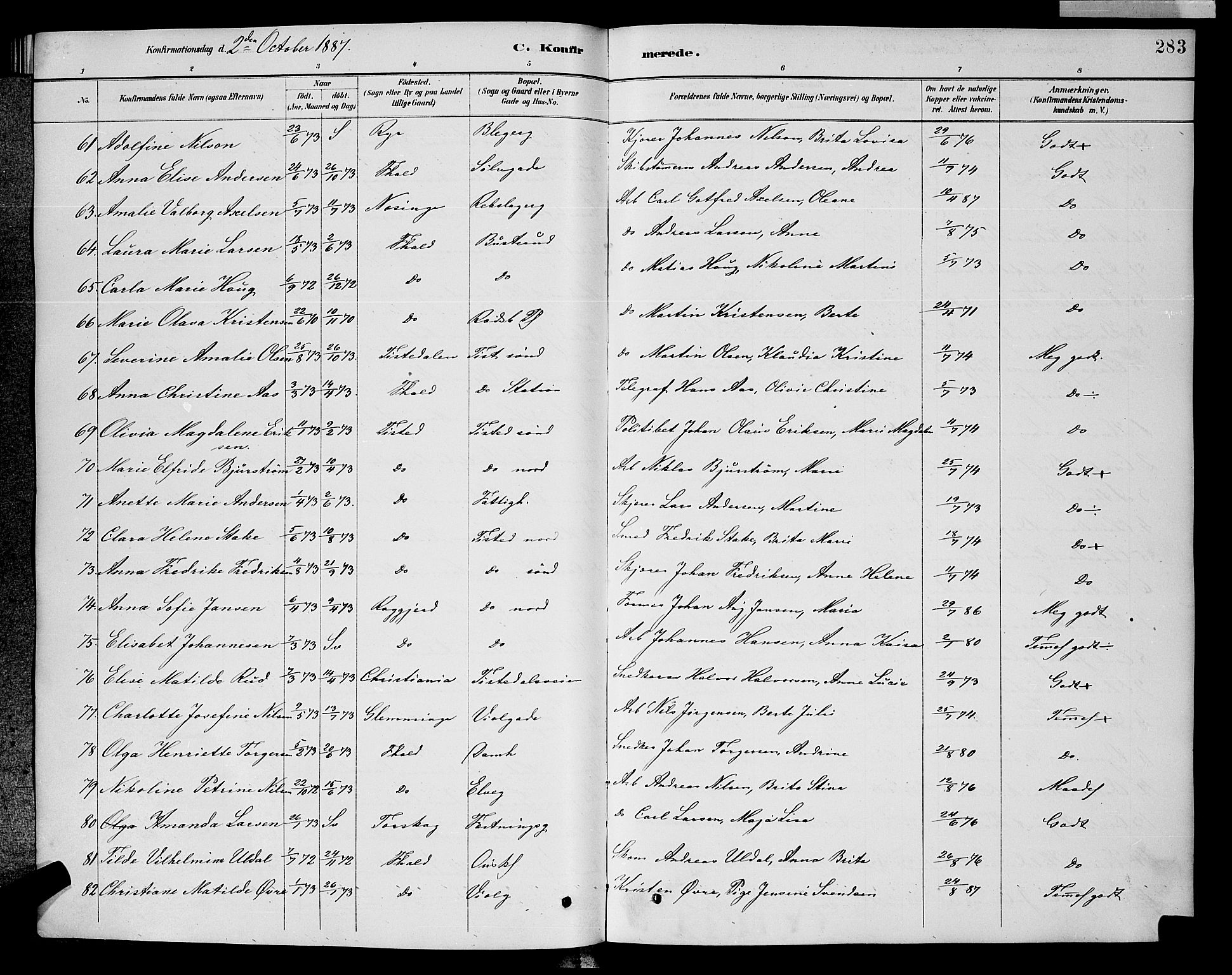 Halden prestekontor Kirkebøker, SAO/A-10909/G/Ga/L0008: Parish register (copy) no. 8, 1885-1899, p. 283